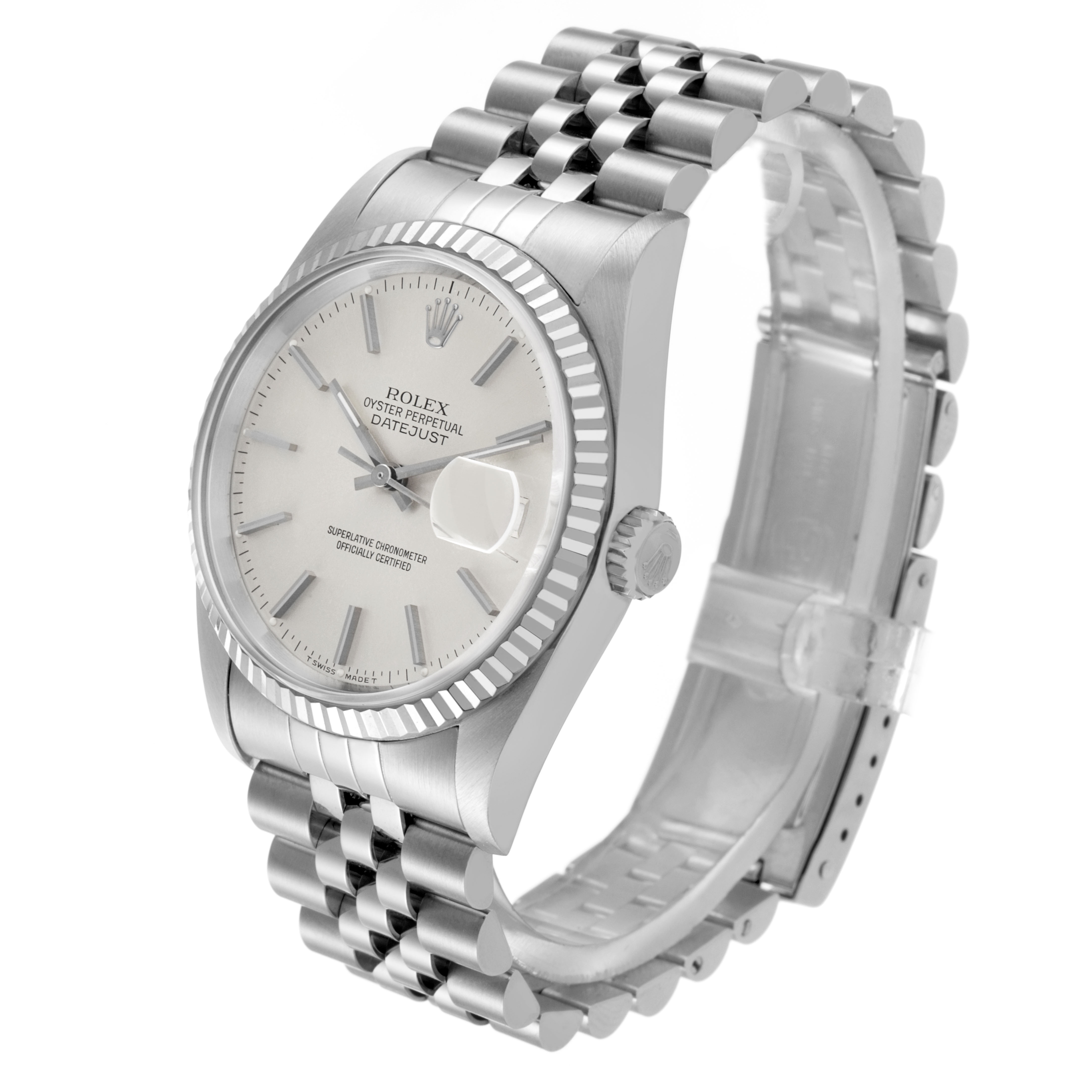 The Rolex Datejust 16234 Men's Stainless Steel Silver Dial watch is shown at a slight angled front view, highlighting the face, bezel, and Jubilee bracelet.