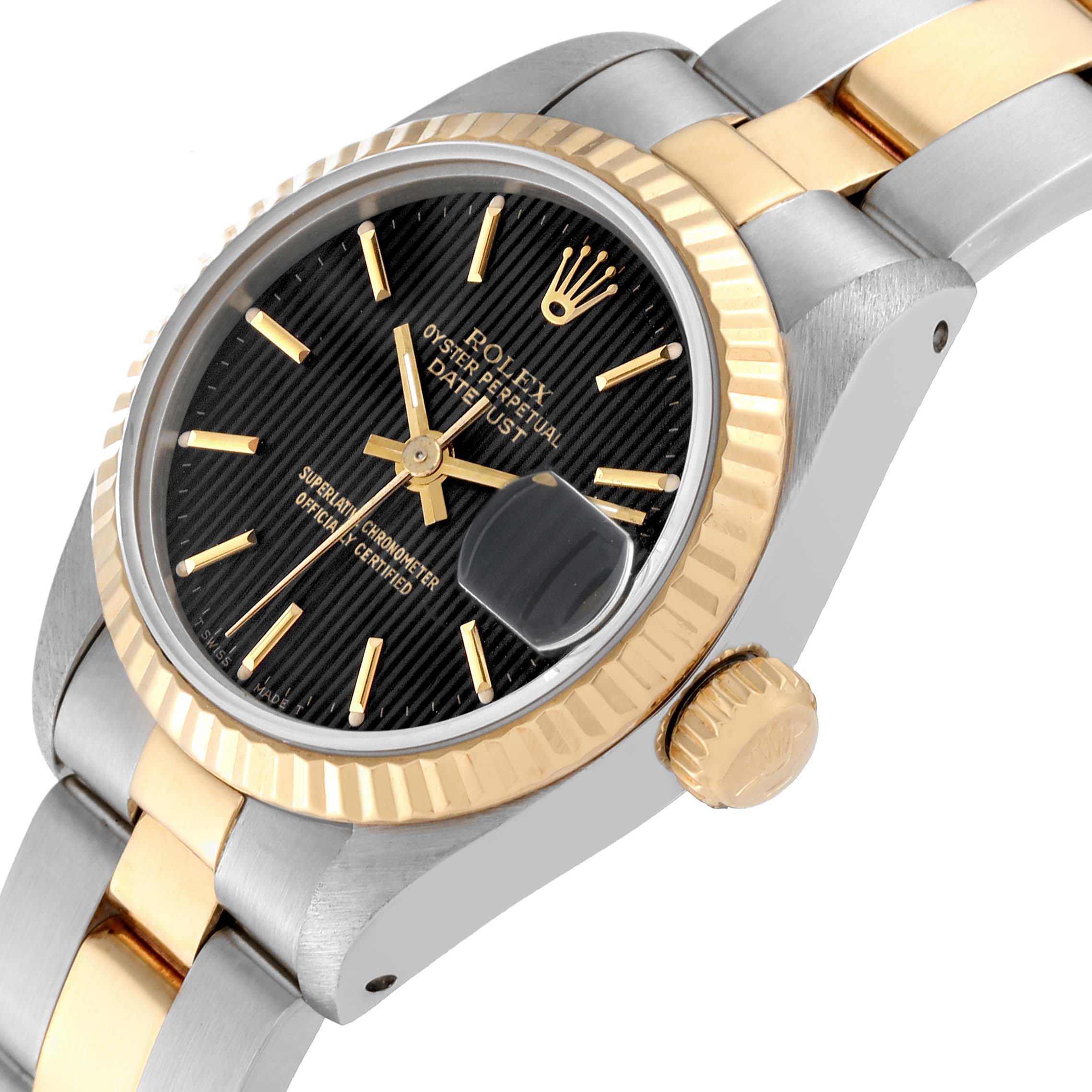 This image shows the Rolex Datejust 69173 Women
s Stainless Steel Black Dial model from a side angle, highlighting the fluted bezel, dial, date magnifier, and bracelet.