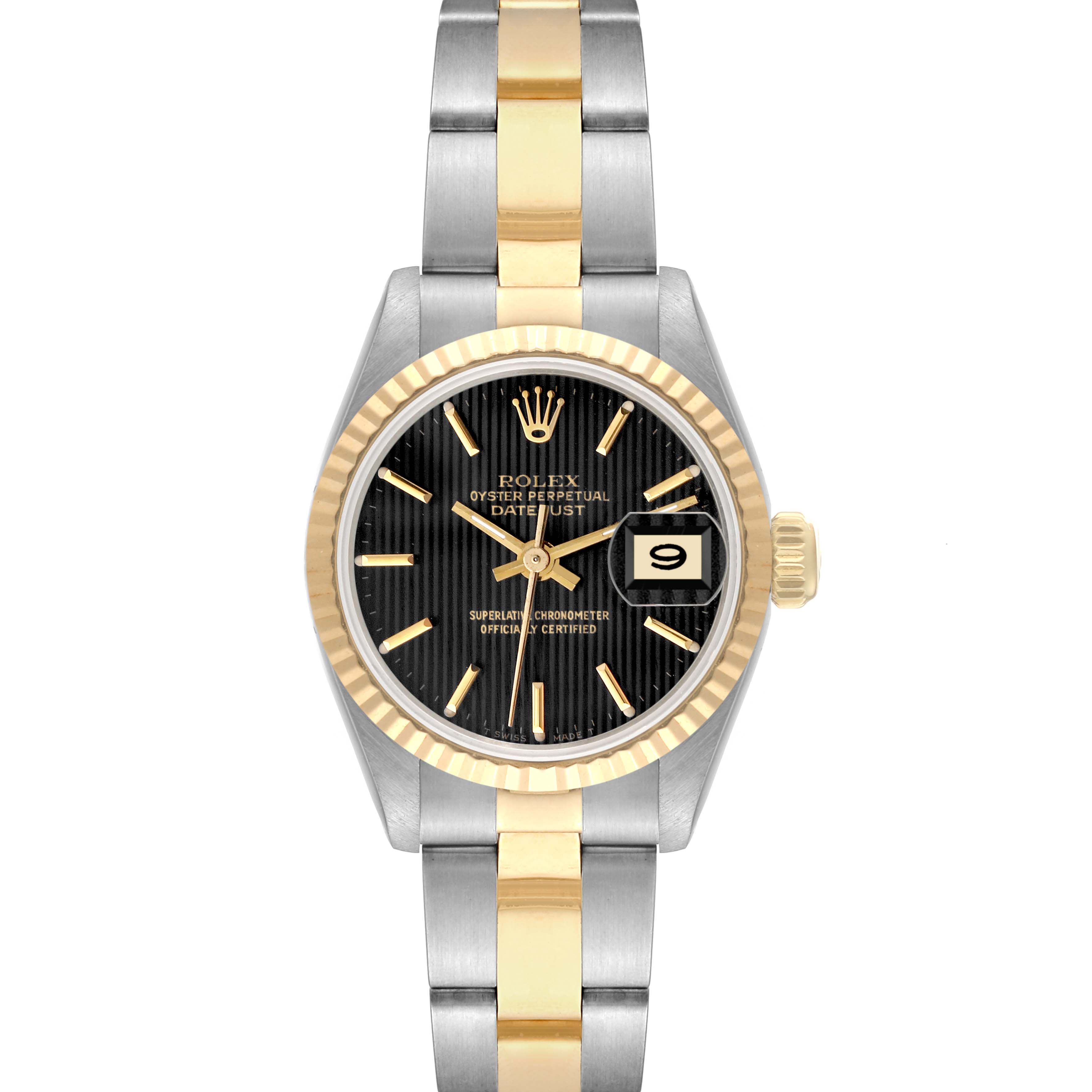 The image shows a front view of a Rolex Datejust 69173 Women
s Stainless Steel Black Dial watch, highlighting the dial, bezel, and two-tone bracelet.