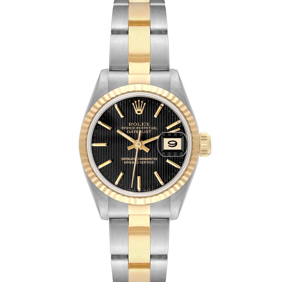 The image shows a front view of a Rolex Datejust 69173 Women's Stainless Steel Black Dial watch, highlighting the dial, bezel, and two-tone bracelet.