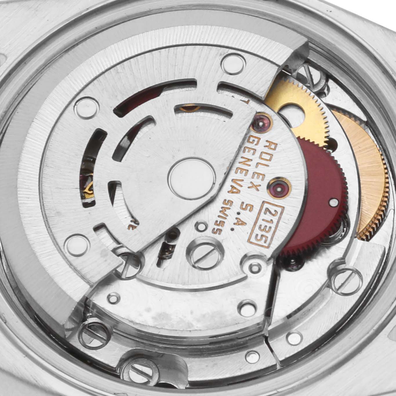 The image shows the movement of a Rolex Datejust 69173 Women
s Stainless Steel Black Dial watch from a top-down angle, highlighting gears and components.