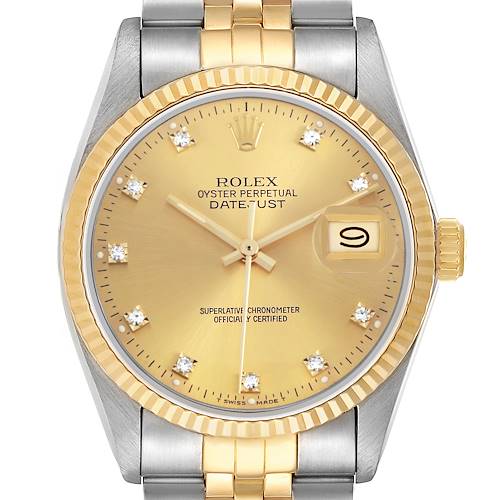The Rolex Datejust 16013 Men's Steel and Gold (two tone) Champagne Dial watch is shown from a front angle, displaying the dial, bezel, and part of the bracelet.