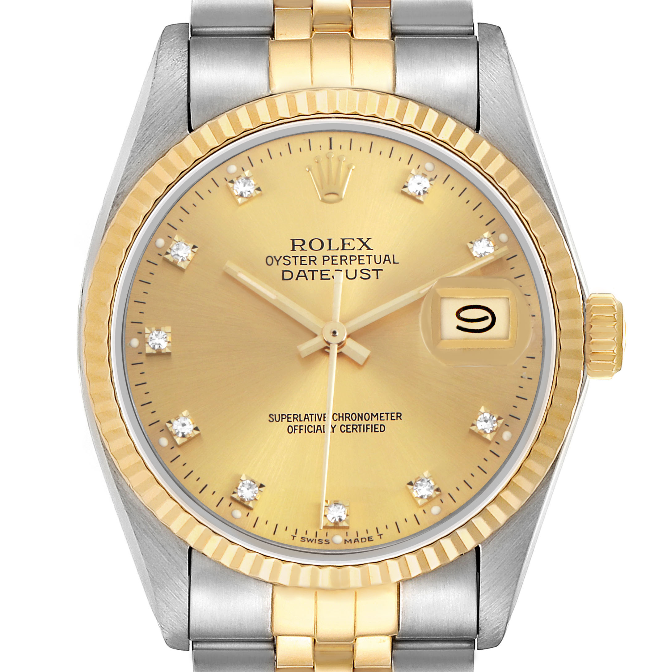 The Rolex Datejust 16013 Men's Steel and Gold (two tone) Champagne Dial watch is shown from a front angle, displaying the dial, bezel, and bracelet.