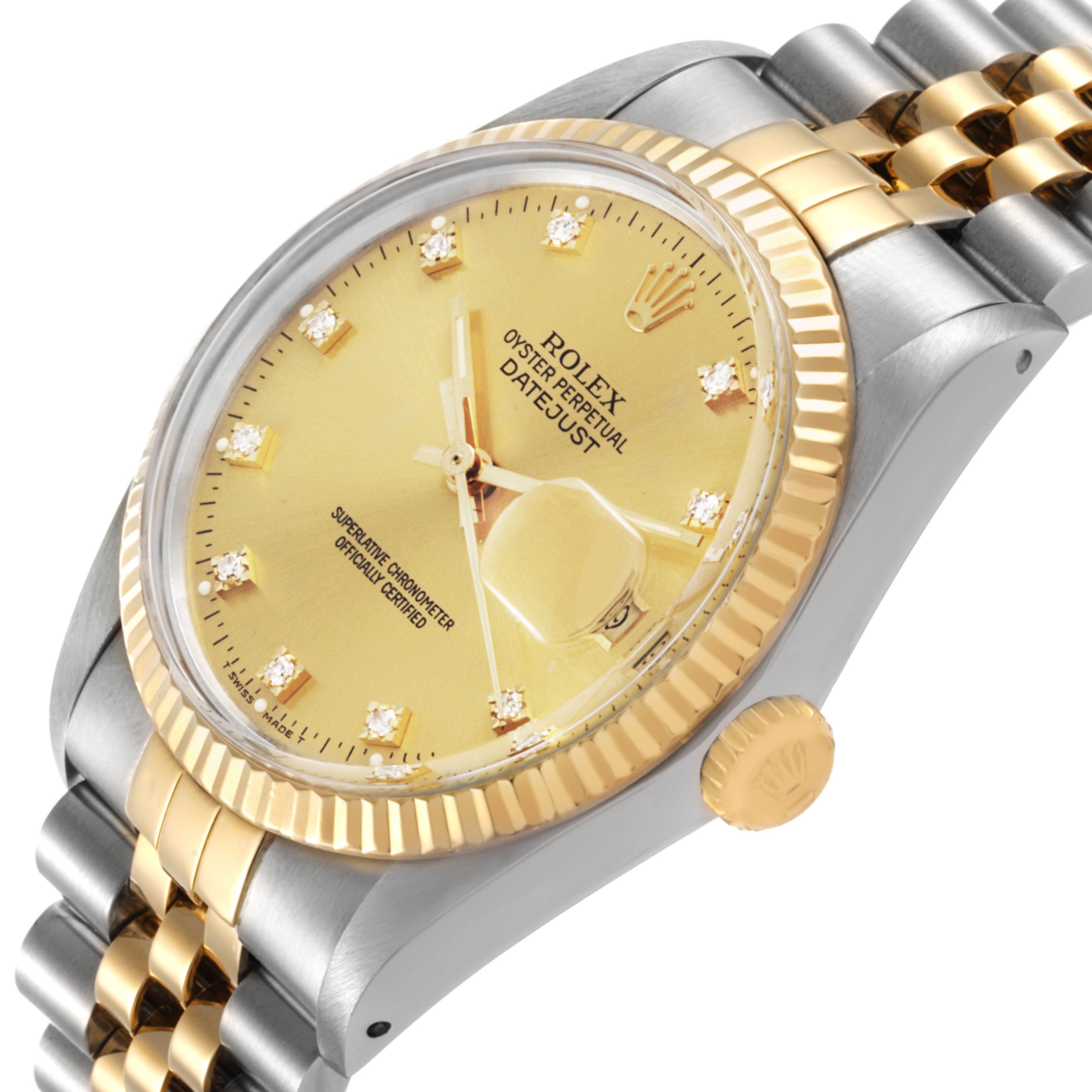 The image shows a Rolex Datejust 16013 Men's Steel and Gold (two tone) Champagne Dial watch at a three-quarter angle, highlighting the bezel, dial, bracelet, and crown.