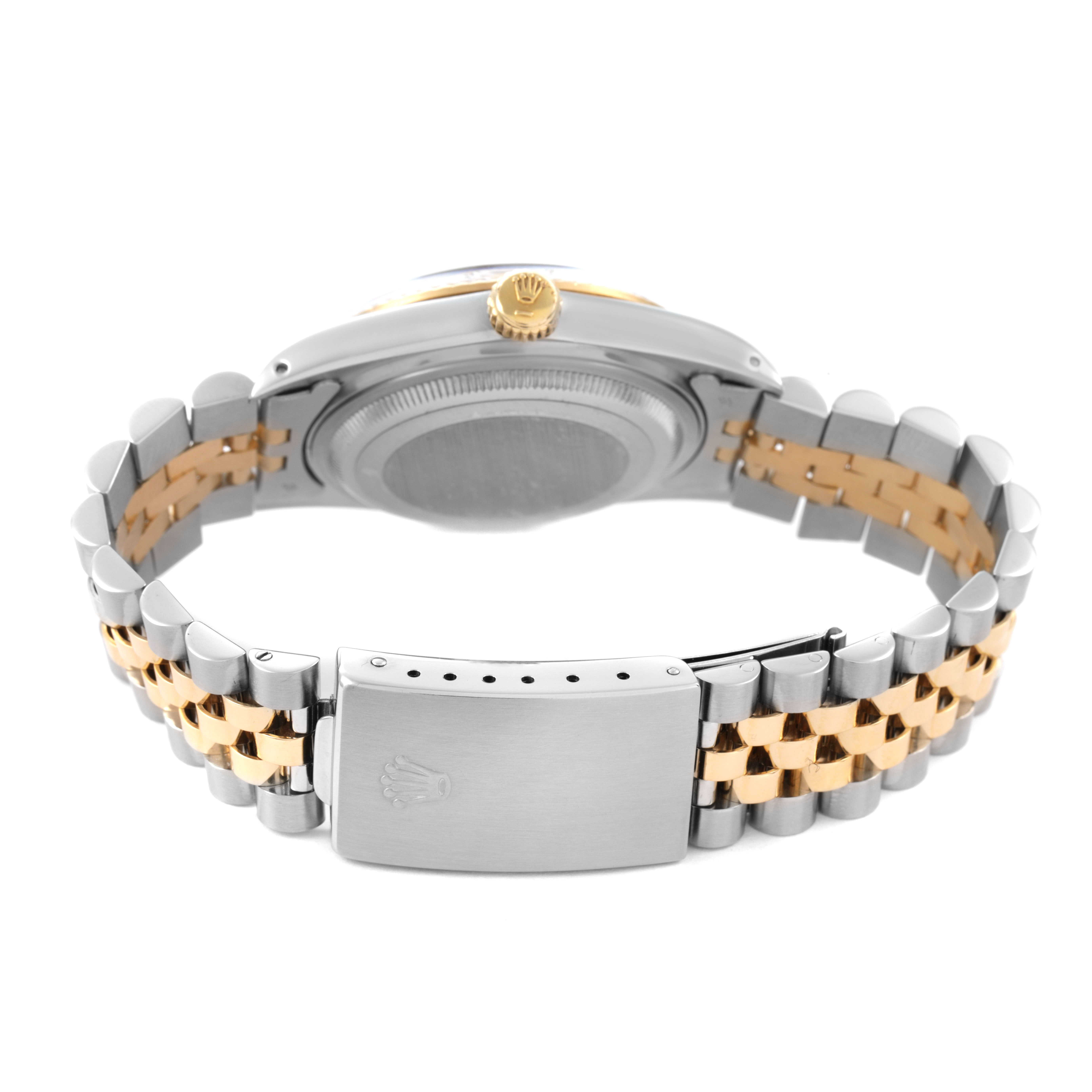 The image shows the Rolex Datejust 16013 Men's Steel and Gold (two tone) Champagne Dial watch from the back, highlighting the clasp and two-tone bracelet.