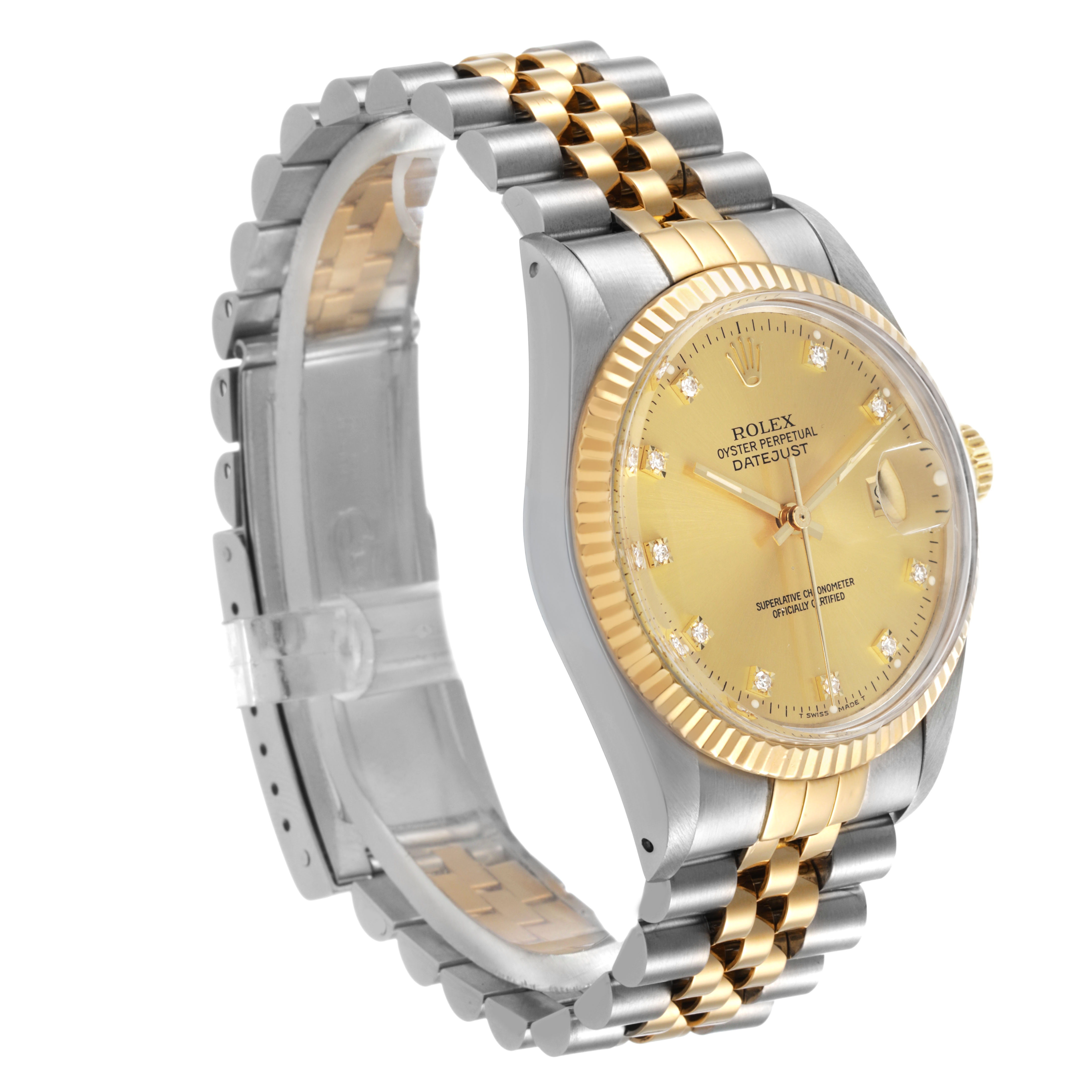 The Rolex Datejust 16013 Men's Steel and Gold (two tone) Champagne Dial watch is shown at a three-quarter angle, highlighting the gold dial, fluted bezel, and two-tone bracelet.