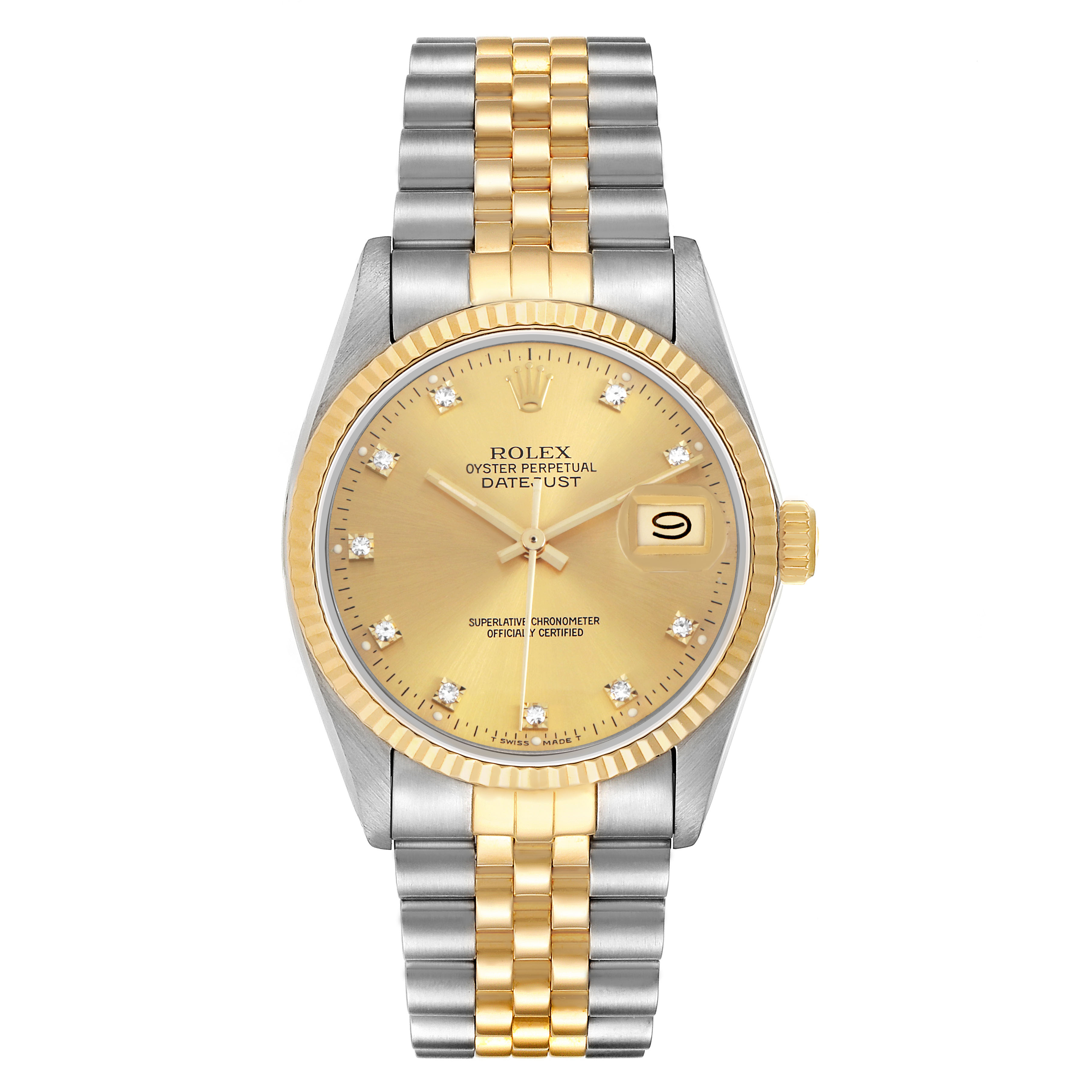 The Rolex Datejust 16013 Men's Steel and Gold (two tone) Champagne Dial watch is shown from the front, highlighting its gold dial and two-tone jubilee bracelet.