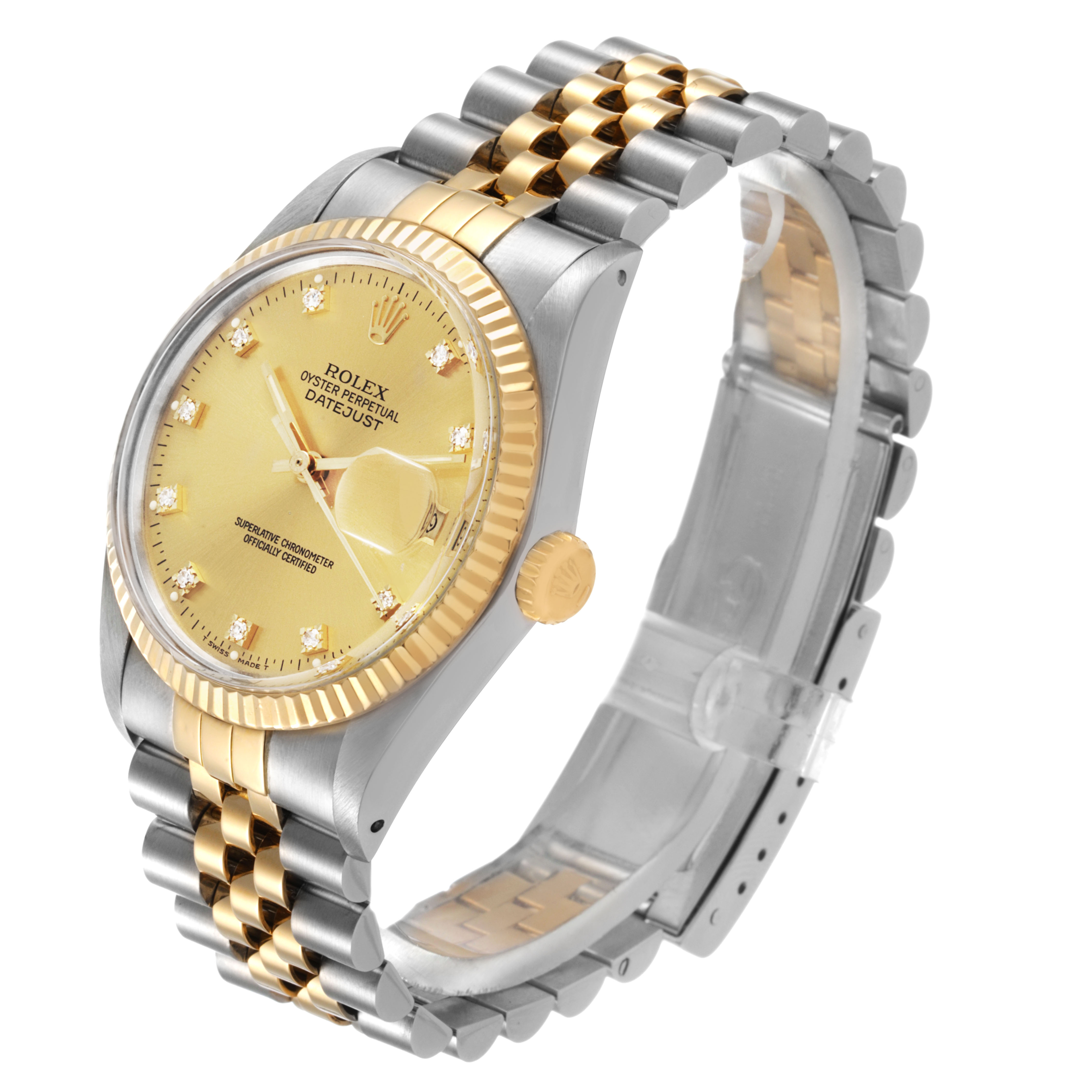 The Rolex Datejust 16013 Men's Steel and Gold (two tone) Champagne Dial watch is shown at an oblique angle, displaying its gold dial, fluted bezel, and two-tone Jubilee bracelet.