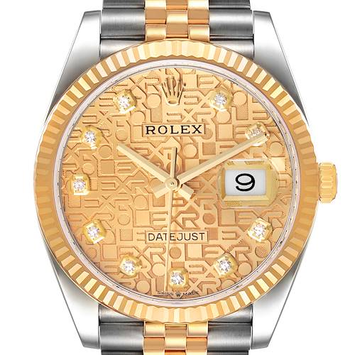 The Rolex Datejust 126233 Men's Steel and Gold (two tone) Champagne Dial watch is shown from the front, displaying the dial, bezel, hands, date, and part of the bracelet.