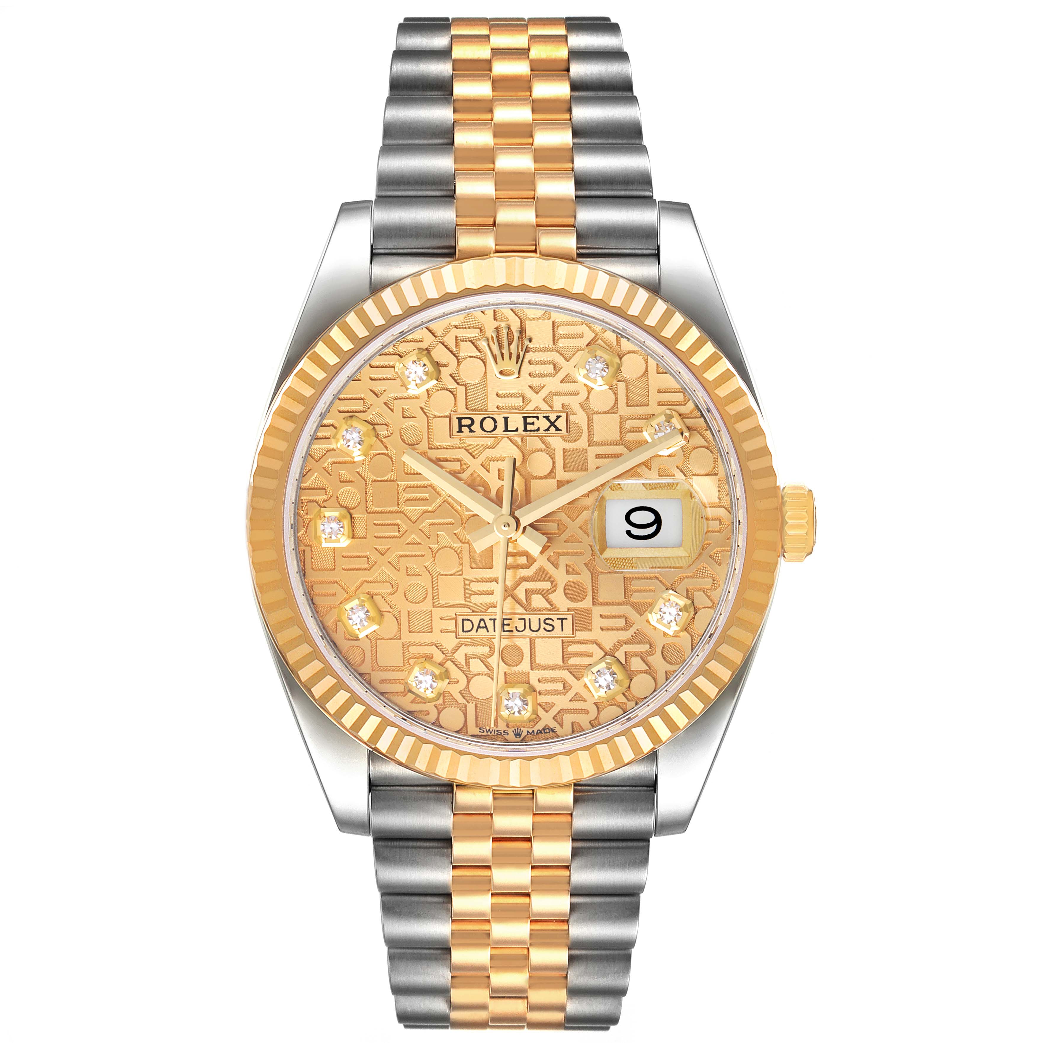 The Rolex Datejust 126233 Men's Steel and Gold (two tone) Champagne Dial watch is shown from a front angle, highlighting its dial, bezel, and two-tone bracelet.