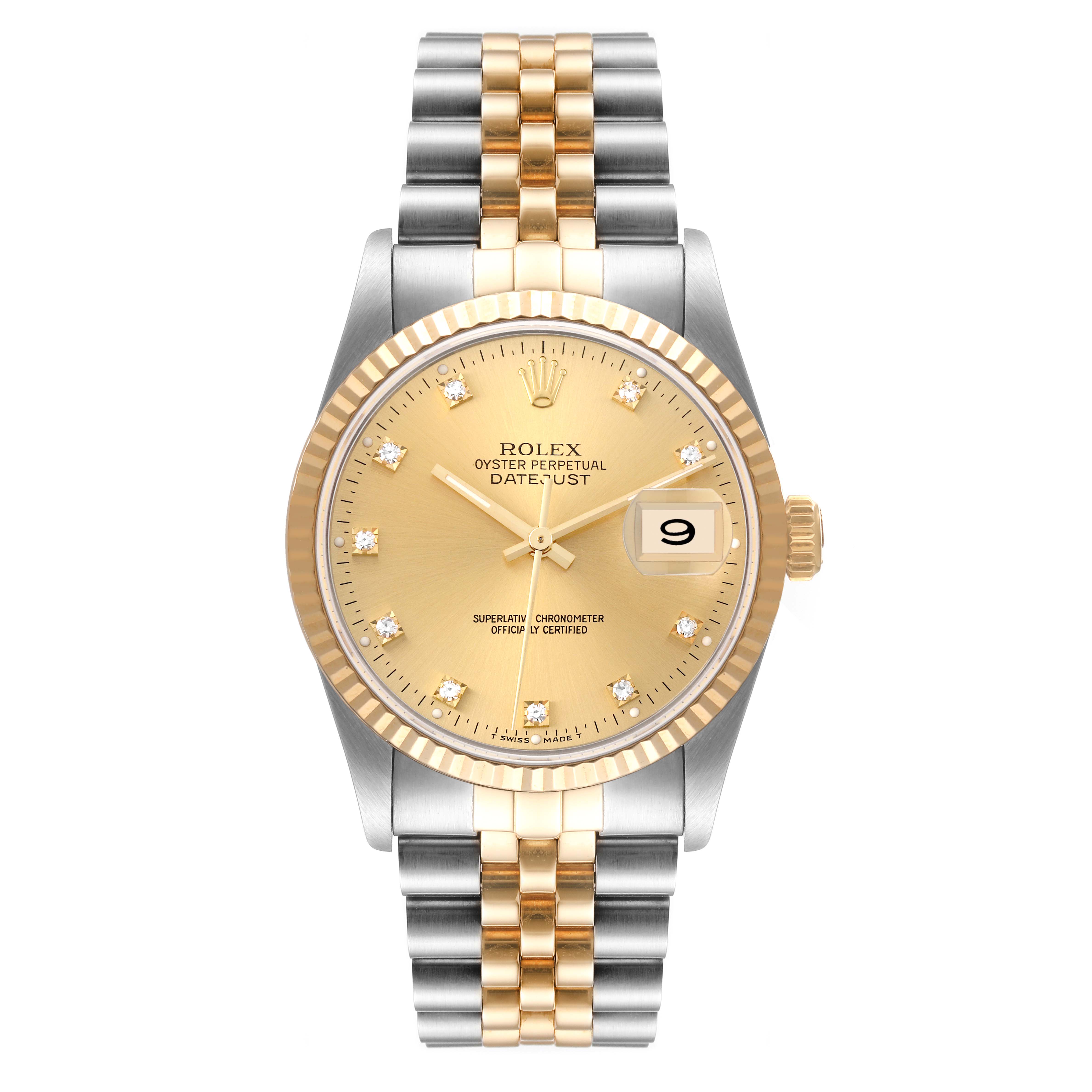 This Rolex Datejust 16233 Men's Steel and Gold (two tone) Champagne Dial 16233 Men's Steel and Gold (two tone) Champagne Dial watch is shown from the front, highlighting its dial, bezel, and bracelet.