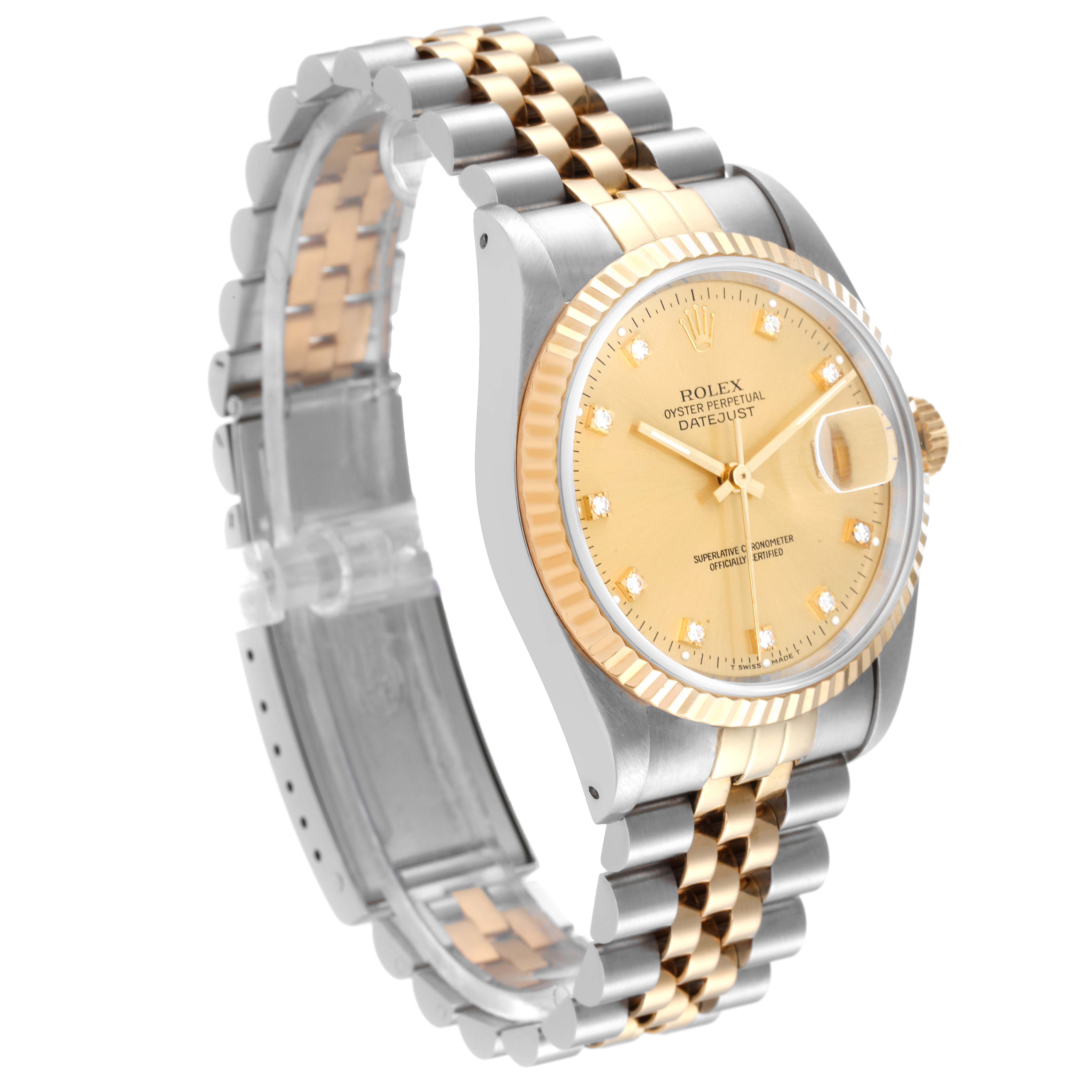 The image shows a Rolex Datejust 16233 Men's Steel and Gold (two tone) Champagne Dial 16233 Men's Steel and Gold (two tone) Champagne Dial watch at a three-quarter angle, highlighting its dial, bezel, case, and two-tone bracelet.