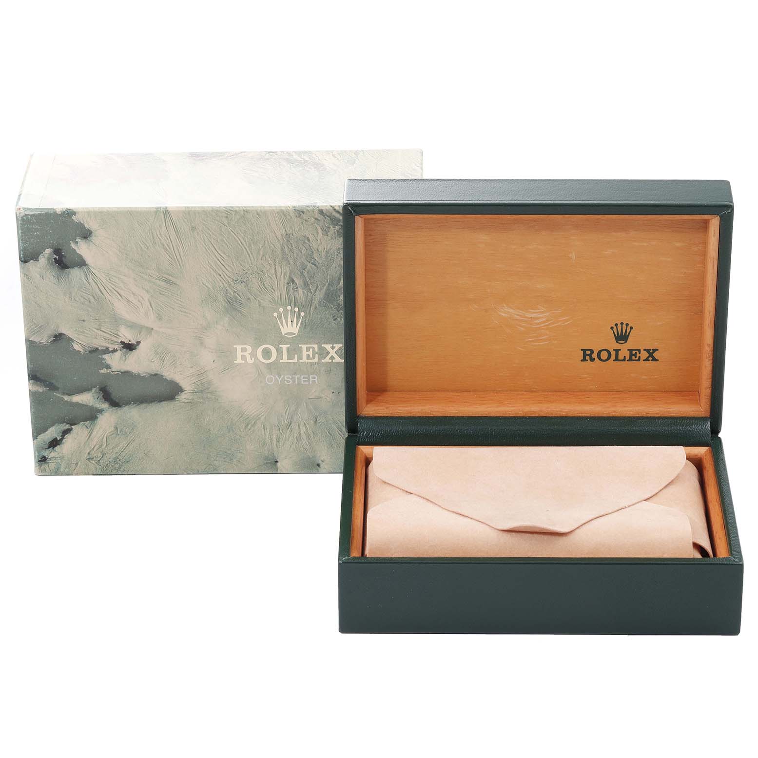 The image shows an open Rolex Datejust 16233 Men's Steel and Gold (two tone) Champagne Dial 16233 Men's Steel and Gold (two tone) Champagne Dial box with an outer decorative box and the interior showcasing Rolex branding.