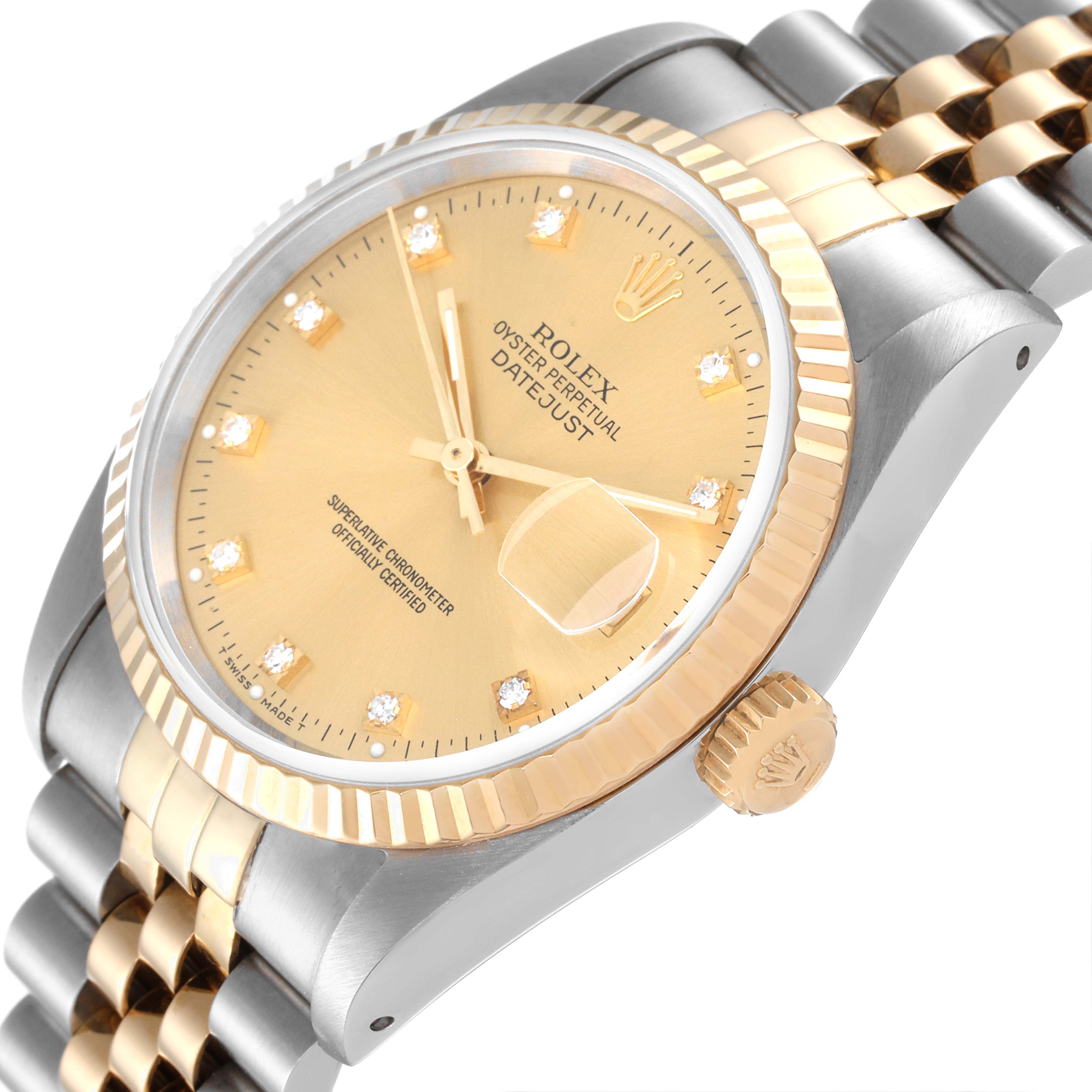 The image shows the Rolex Datejust 16233 Men's Steel and Gold (two tone) Champagne Dial 16233 Men's Steel and Gold (two tone) Champagne Dial watch from an angled side view, highlighting the dial, crown, bezel, and part of the bracelet.