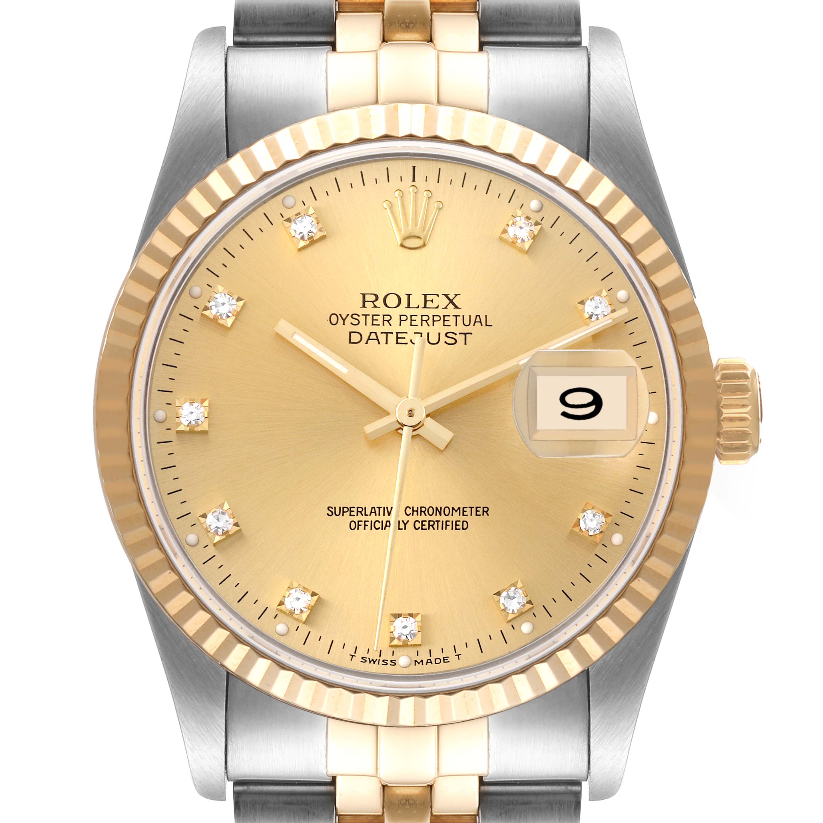 This image shows a front view of the Rolex Datejust 16233 Men's Steel and Gold (two tone) Champagne Dial 16233 Men's Steel and Gold (two tone) Champagne Dial watch's dial and part of its two-tone bracelet.