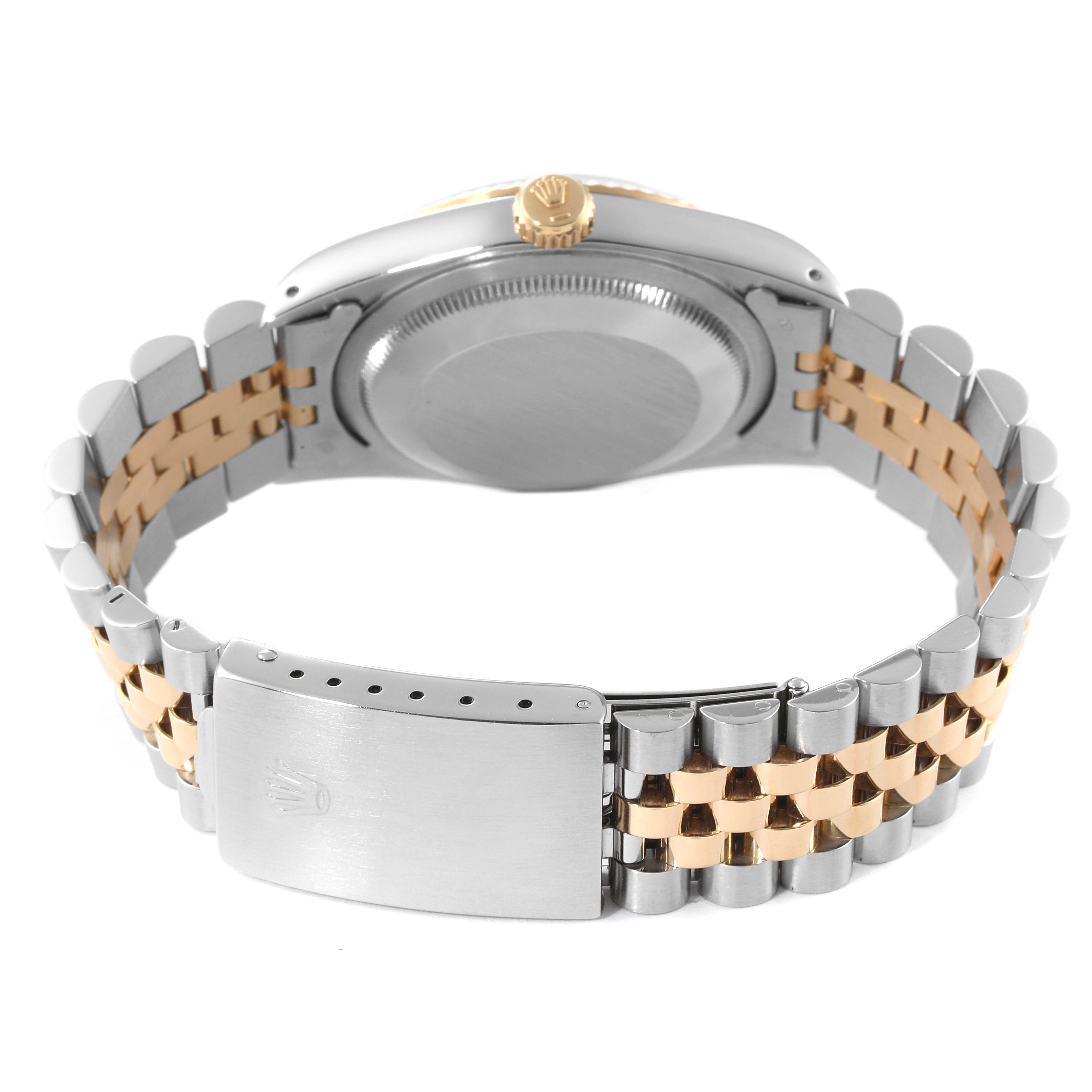 This image shows the back of a Rolex Datejust 16233 Men's Steel and Gold (two tone) Champagne Dial 16233 Men's Steel and Gold (two tone) Champagne Dial watch, highlighting the clasp, case back, and jubilee bracelet in silver and gold.