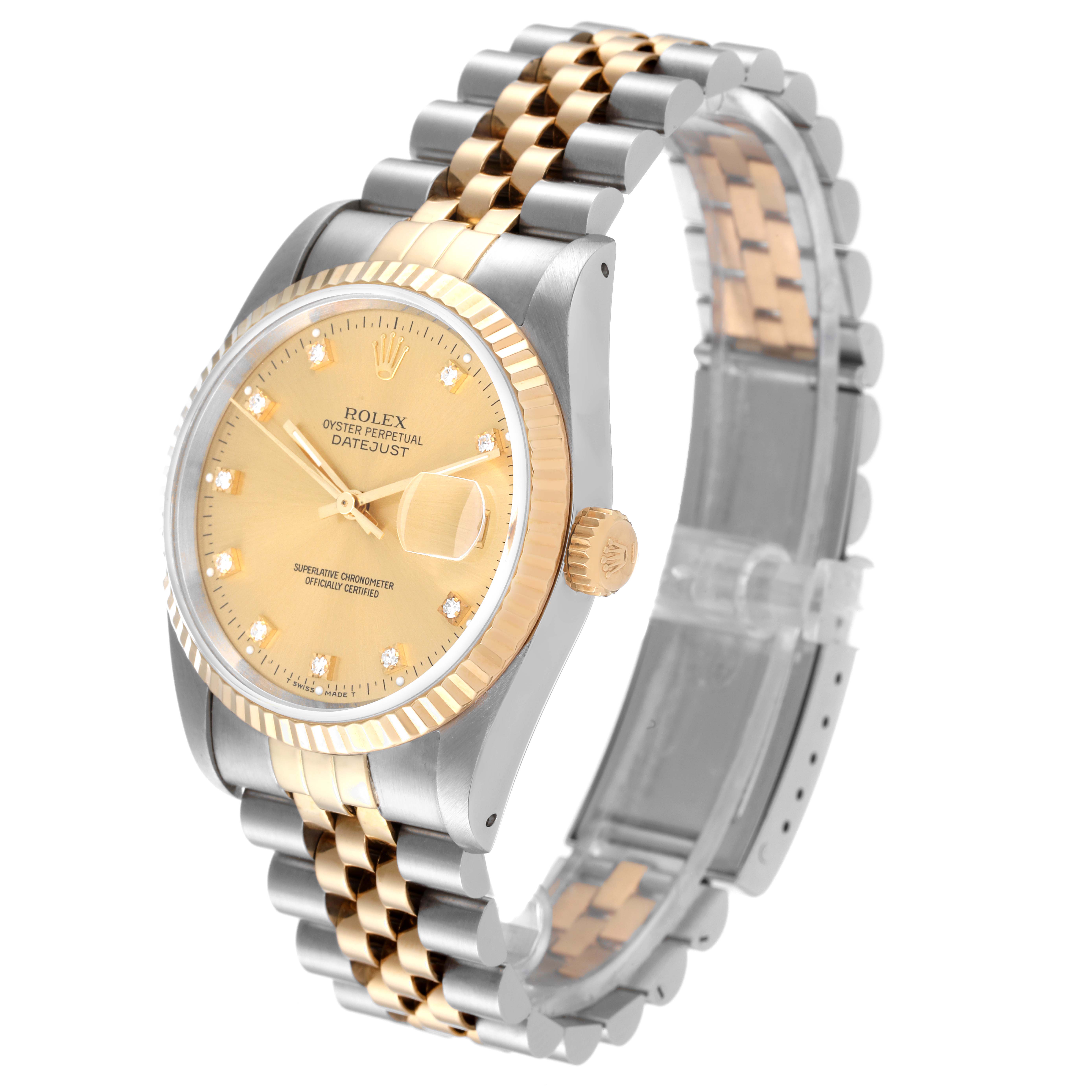 The image shows a Rolex Datejust 16233 Men's Steel and Gold (two tone) Champagne Dial 16233 Men's Steel and Gold (two tone) Champagne Dial watch at a front-left angle, highlighting the bracelet, bezel, face, and crown.