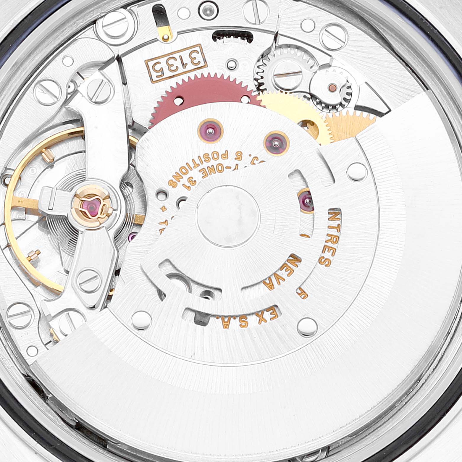 This image shows the intricate inner mechanism of a Rolex Datejust 16233 Men's Steel and Gold (two tone) Champagne Dial 16233 Men's Steel and Gold (two tone) Champagne Dial model, featuring its movement and gears.