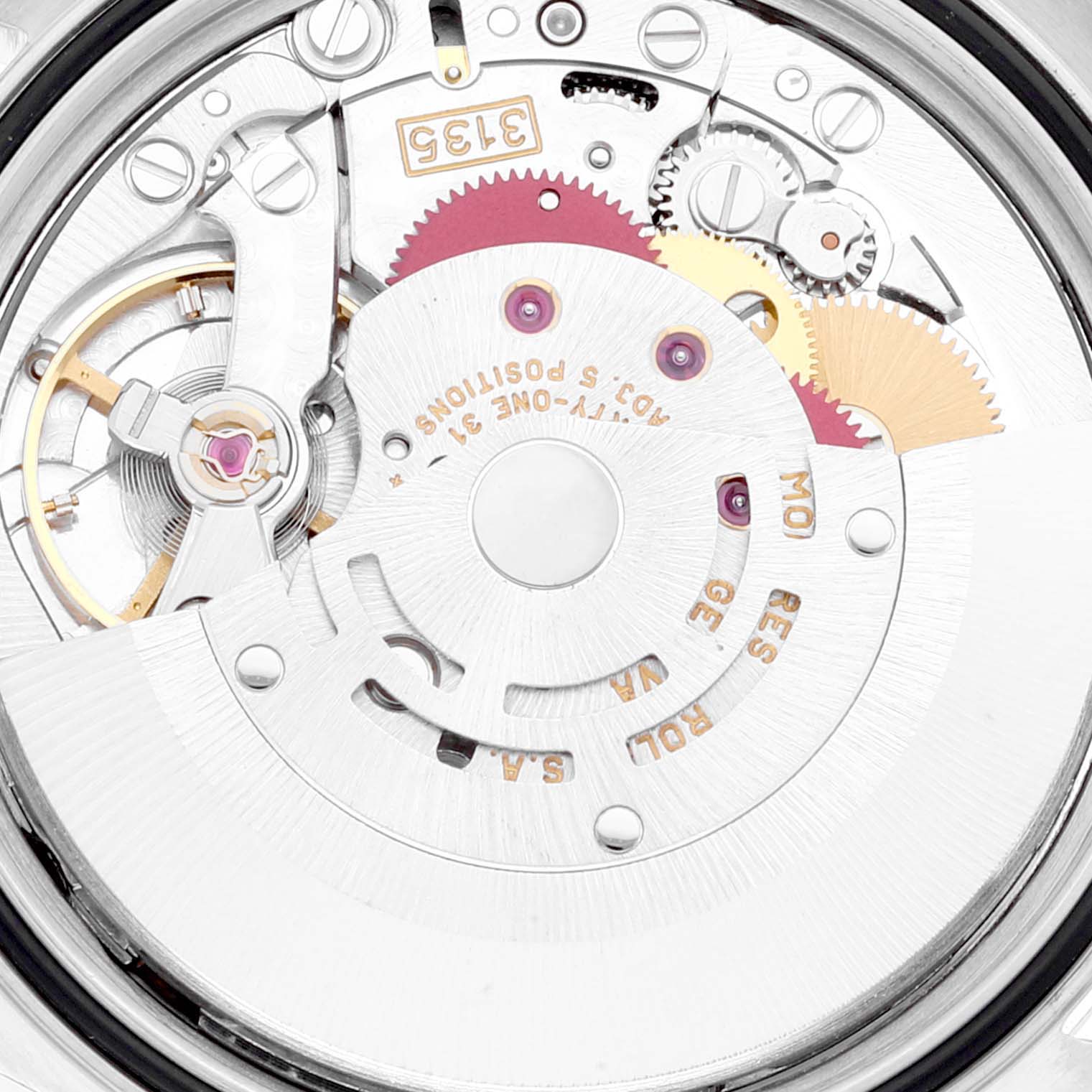 This image shows a close-up view of the movement mechanism inside a Rolex Datejust 16233 Men's Steel and Gold (two tone) Champagne Dial 16233 Men's Steel and Gold (two tone) Champagne Dial watch.