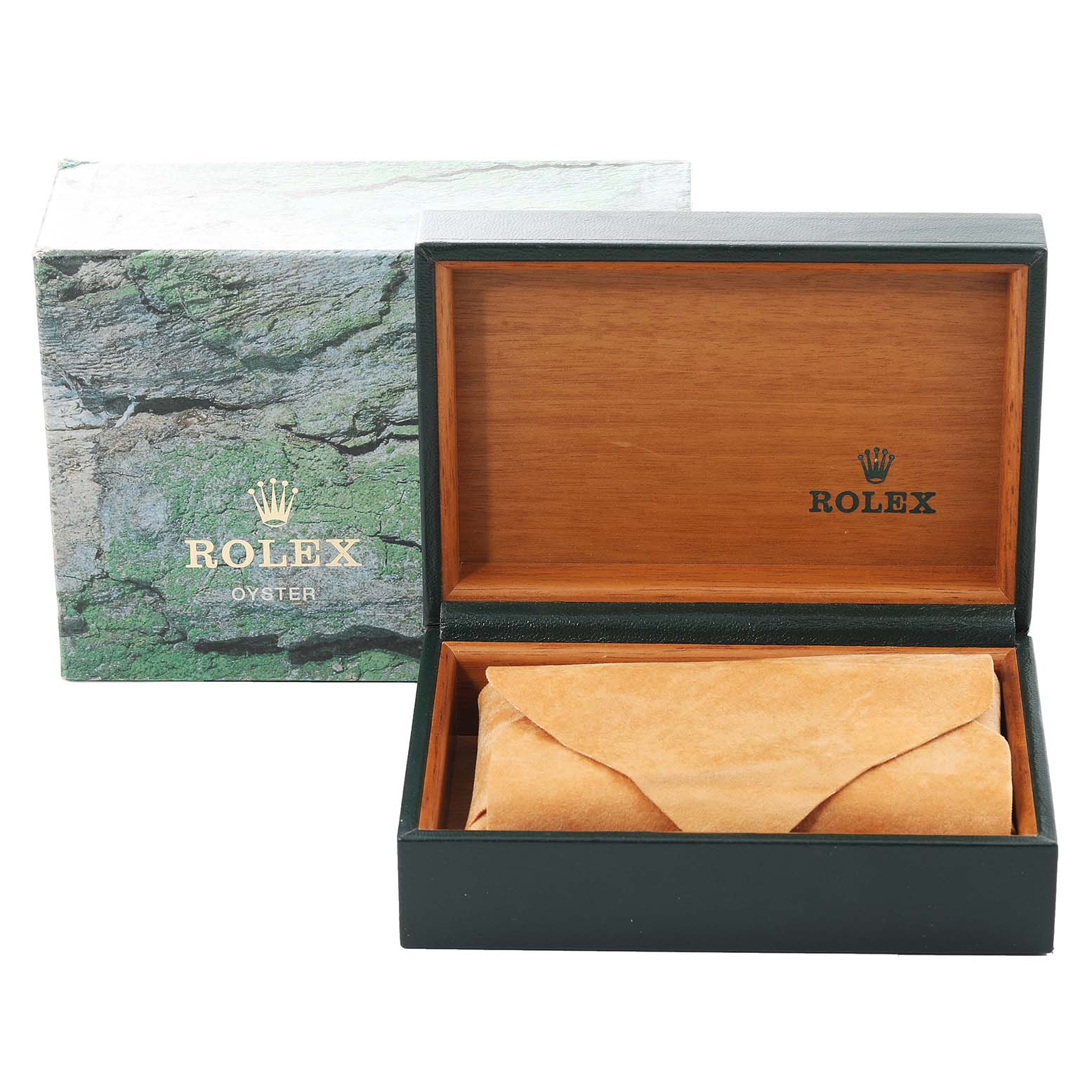 This image shows Rolex Datejust 16233 Men's Steel and Gold (two tone) Champagne Dial 16233 Men's Steel and Gold (two tone) Champagne Dial packaging, including an outer green box and an open wooden case with the watch enveloped in paper.