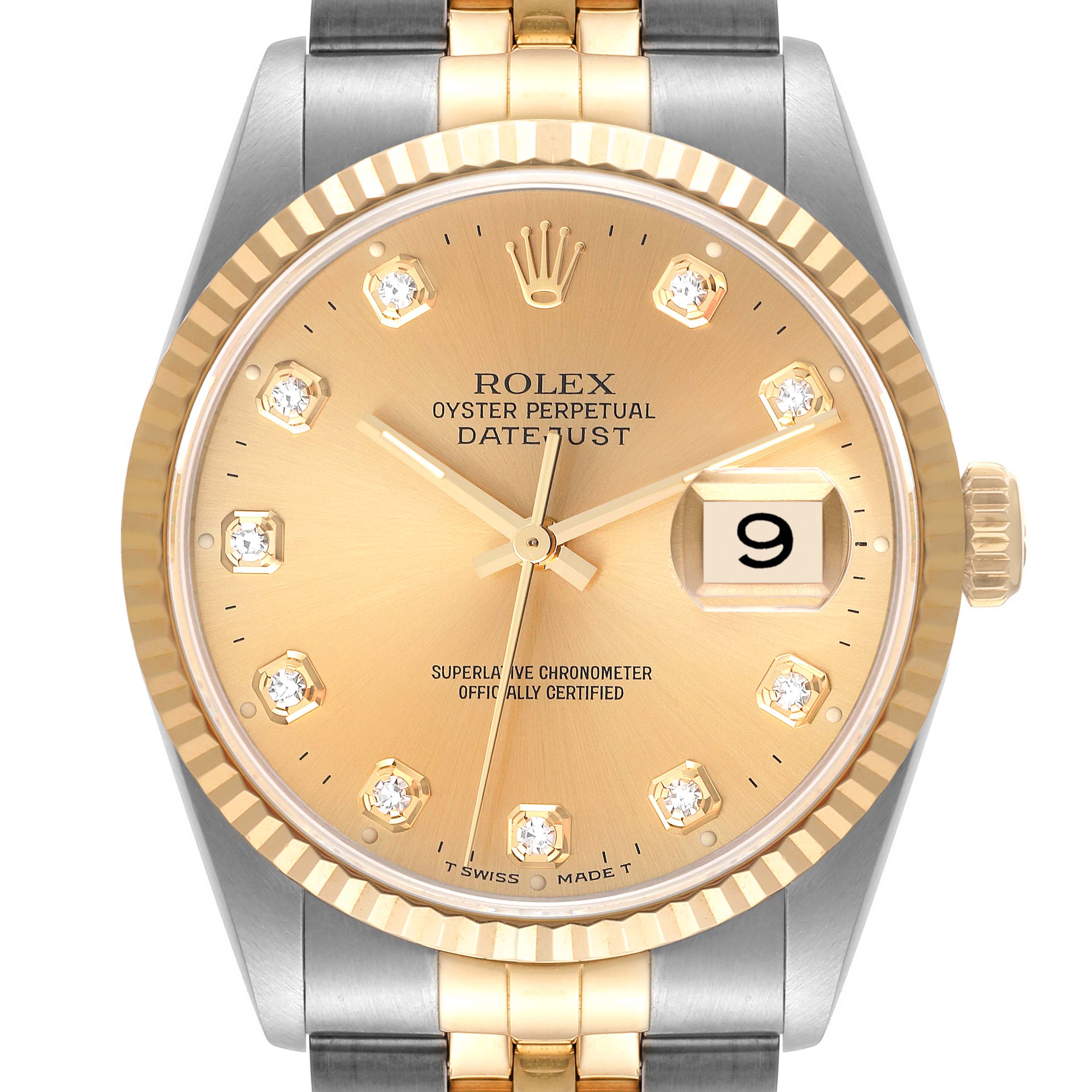 The image shows a front view of a Rolex Datejust 16233 Men's Steel and Gold (two tone) Champagne Dial 16233 Men's Steel and Gold (two tone) Champagne Dial watch, featuring a gold dial and silver and gold bracelet.