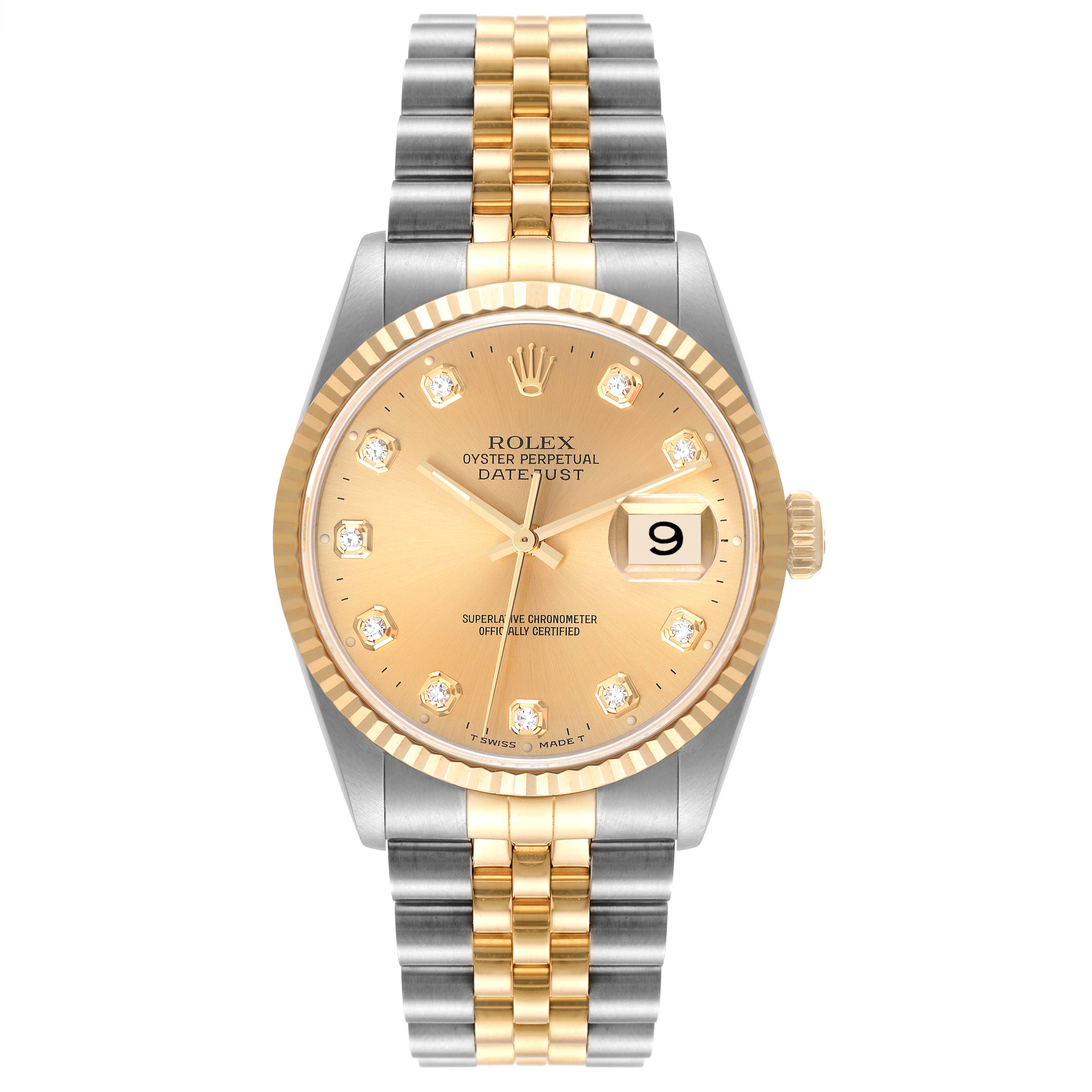 The image shows a frontal view of a Rolex Datejust 16233 Men's Steel and Gold (two tone) Champagne Dial 16233 Men's Steel and Gold (two tone) Champagne Dial watch, highlighting the face, bezel, and bracelet.