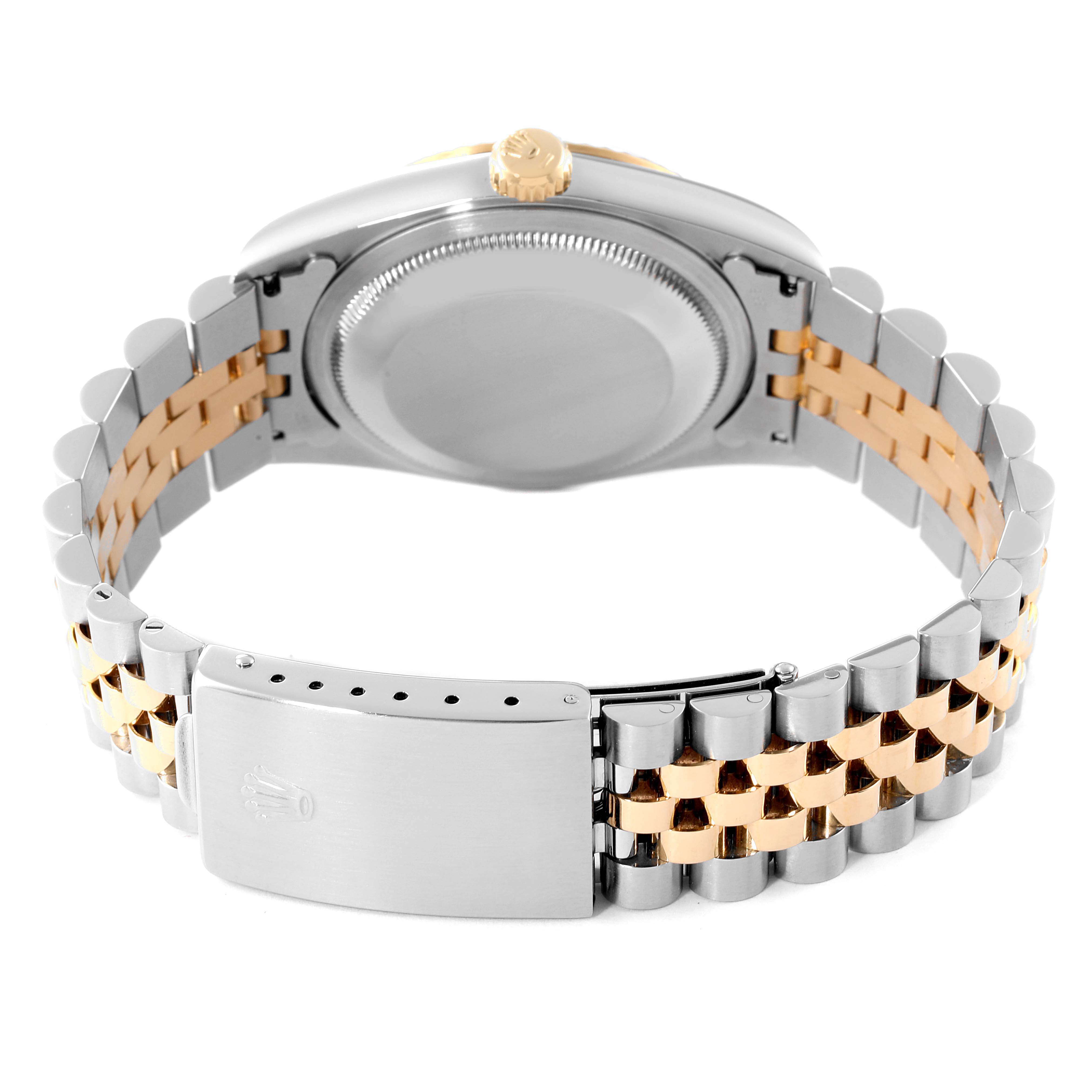 This image shows the back view of a Rolex Datejust 16233 Men's Steel and Gold (two tone) Champagne Dial 16233 Men's Steel and Gold (two tone) Champagne Dial watch, focusing on the case back and Jubilee bracelet with a clasp.