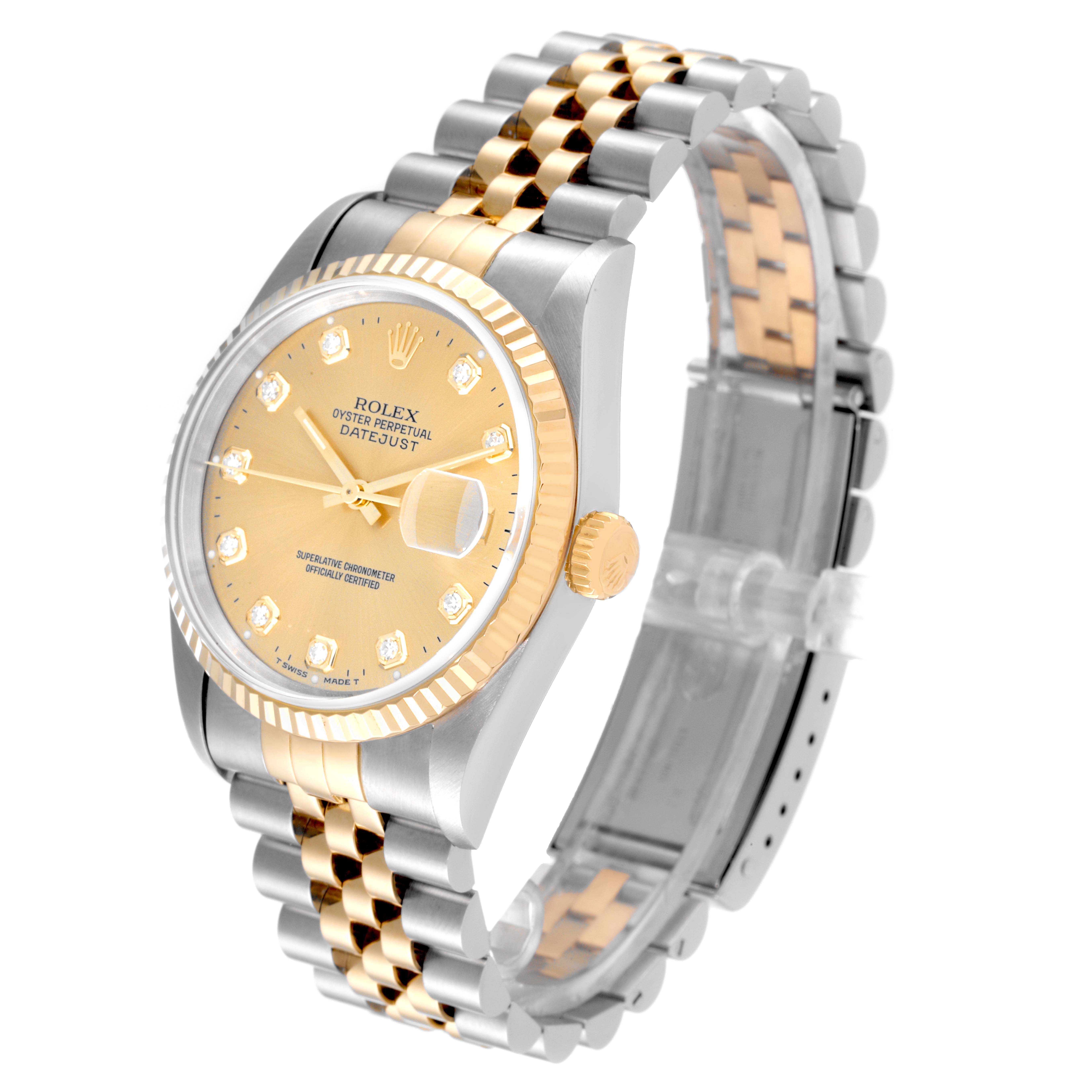 This image shows a Rolex Datejust 16233 Men's Steel and Gold (two tone) Champagne Dial 16233 Men's Steel and Gold (two tone) Champagne Dial watch from a front-side angle, highlighting its dial, bracelet, and crown.