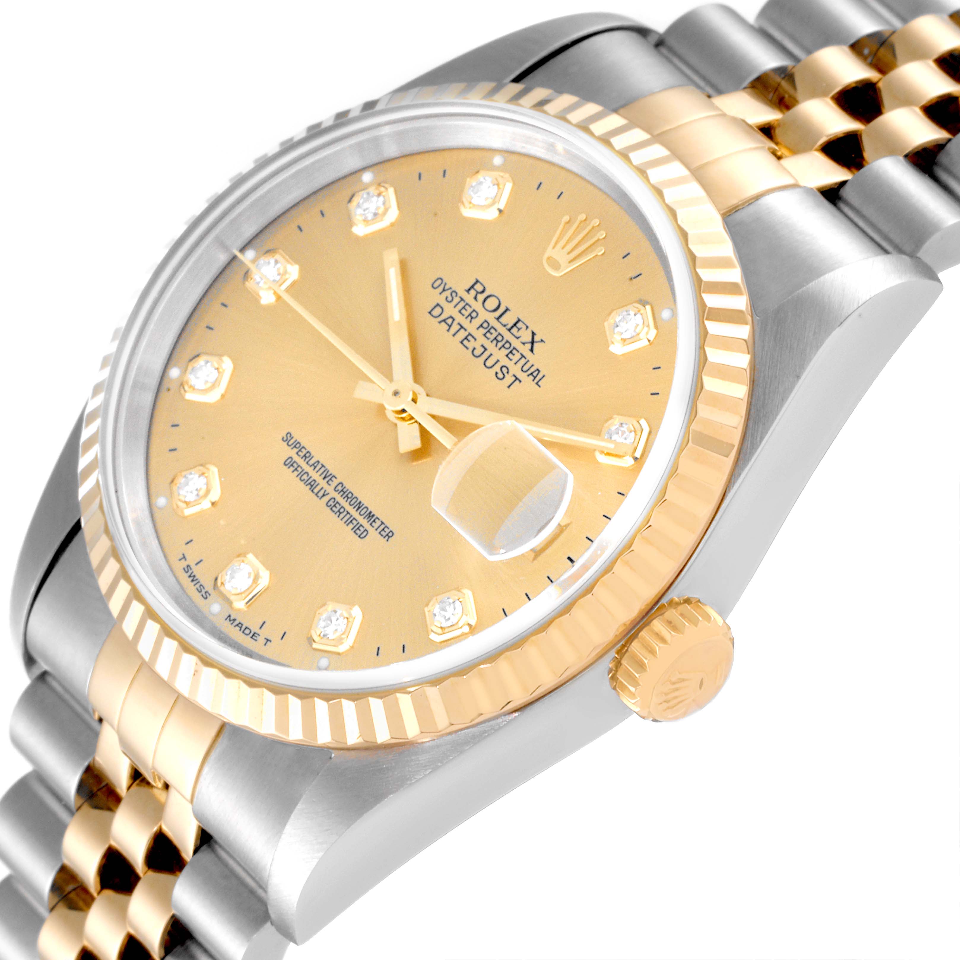 The image shows a side view of a Rolex Datejust 16233 Men's Steel and Gold (two tone) Champagne Dial 16233 Men's Steel and Gold (two tone) Champagne Dial watch highlighting its gold and silver case, dial, bezel, crown, and a part of the bracelet.