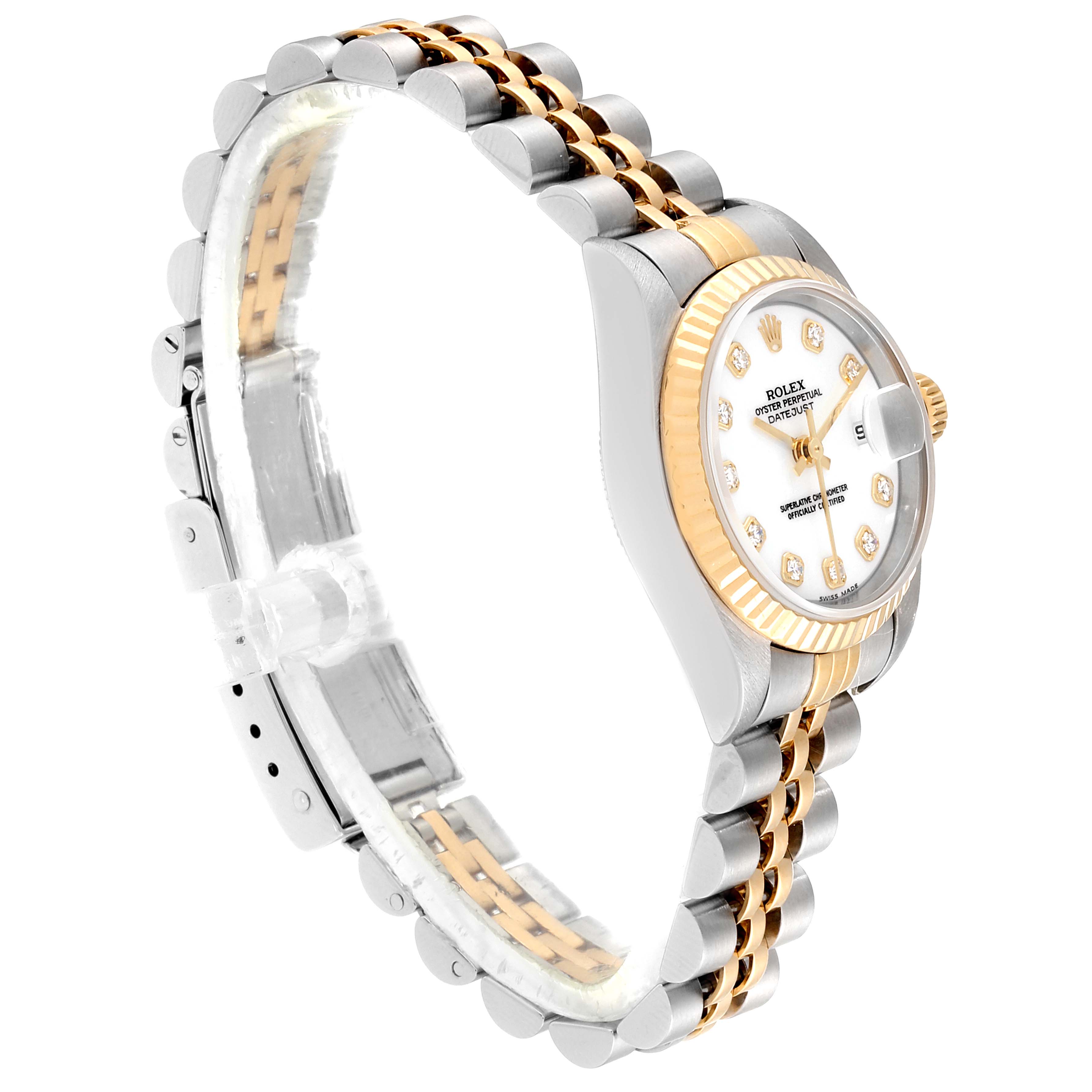 The image shows a Rolex Datejust 79173 Women's Steel and Gold (two tone) White Dial 79173 Women's Steel and Gold (two tone) White Dial watch at a three-quarter angle, highlighting the bracelet, case, dial, and bezel.