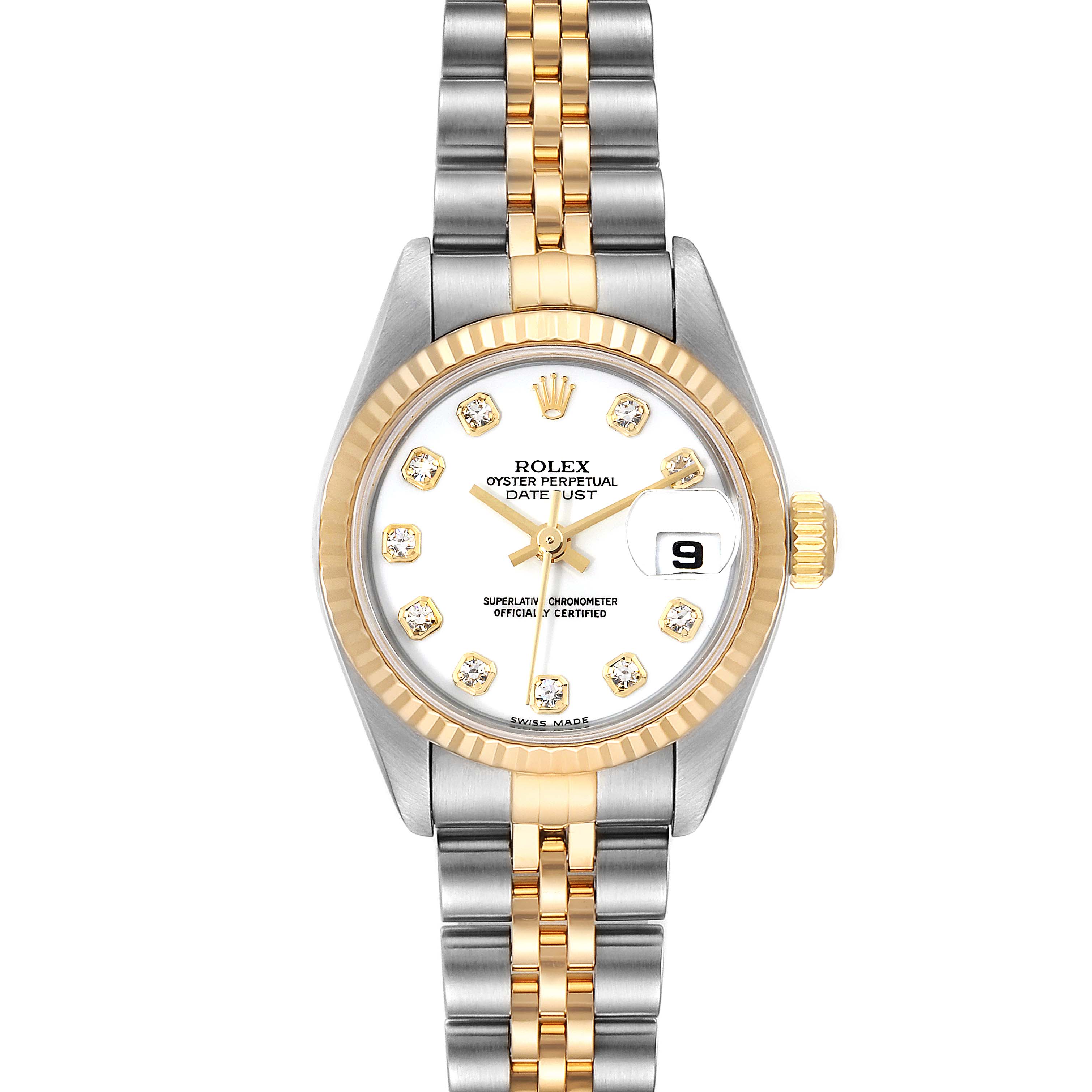 The Rolex Datejust 79173 Women's Steel and Gold (two tone) White Dial 79173 Women's Steel and Gold (two tone) White Dial watch is shown from a top-down angle, displaying its face, bezel, bracelet, and dial clearly.