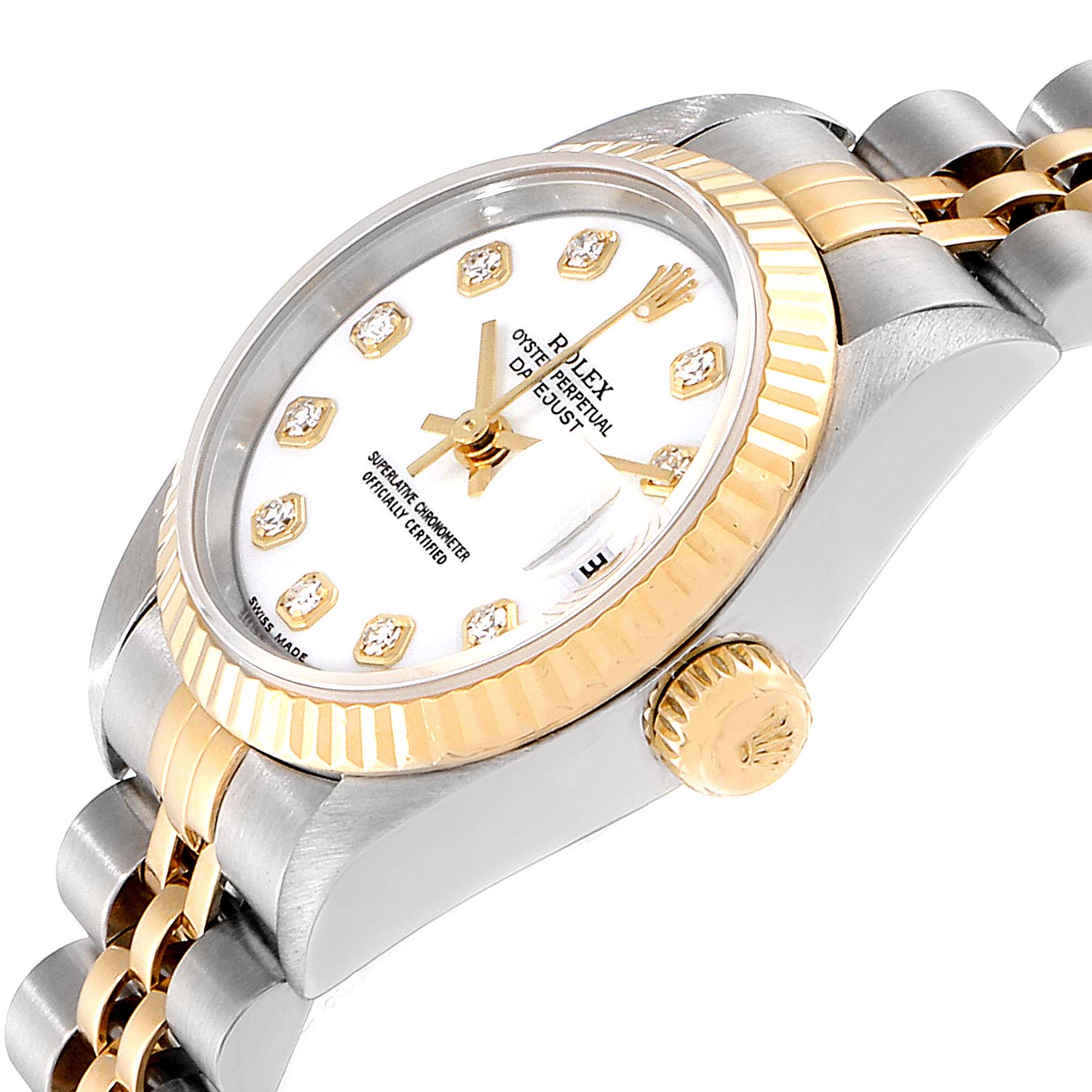 The image shows an angled view of a Rolex Datejust 79173 Women's Steel and Gold (two tone) White Dial 79173 Women's Steel and Gold (two tone) White Dial watch, highlighting the dial, bezel, and crown.