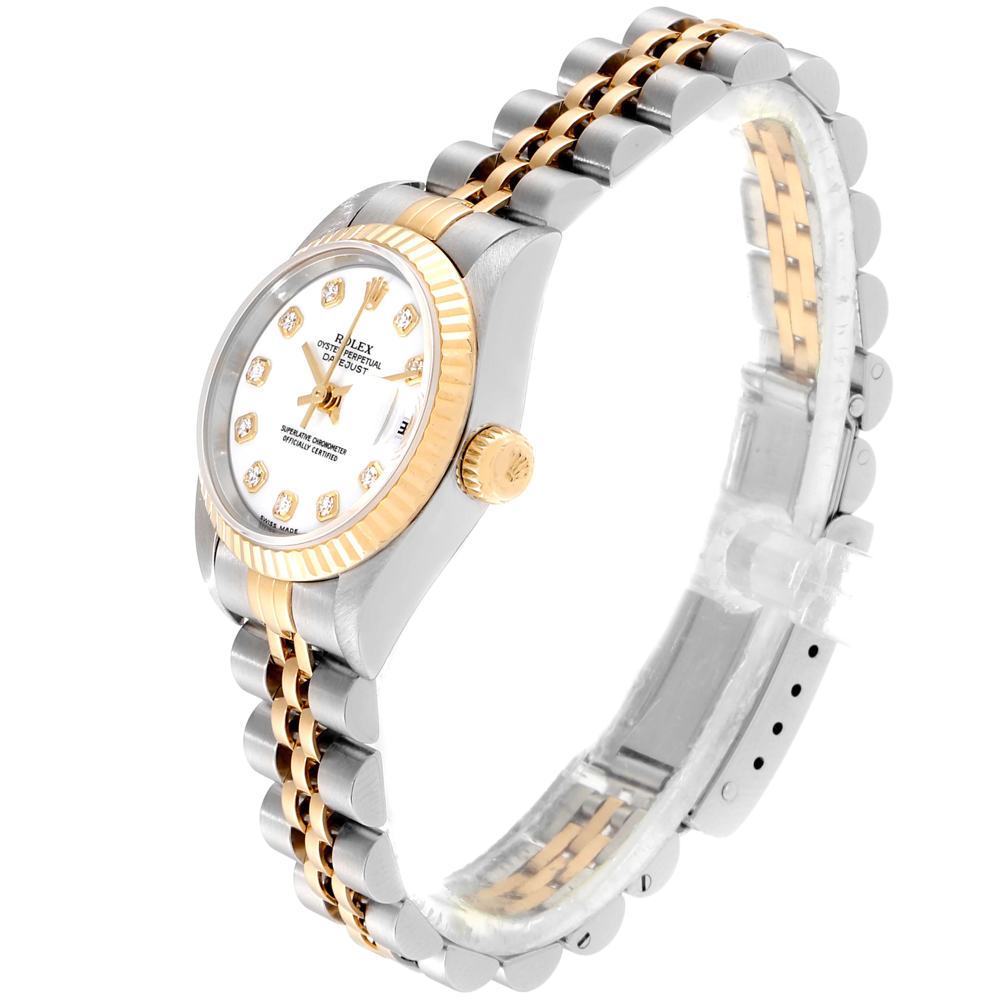 The image shows a Rolex Datejust 79173 Women's Steel and Gold (two tone) White Dial 79173 Women's Steel and Gold (two tone) White Dial watch at an angled side view, highlighting the face, crown, and two-tone bracelet.