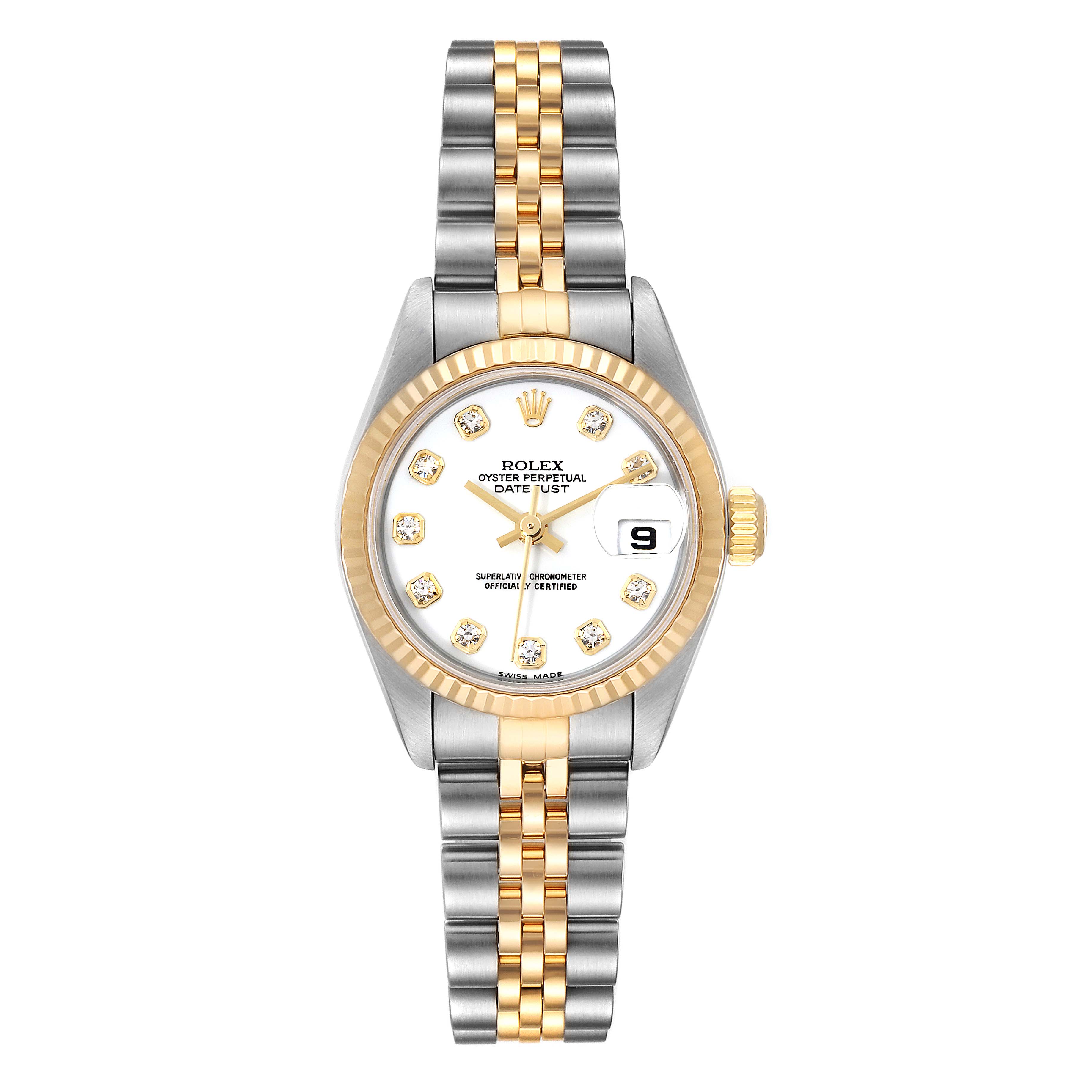 The image shows a Rolex Datejust 79173 Women's Steel and Gold (two tone) White Dial 79173 Women's Steel and Gold (two tone) White Dial watch from a front angle, displaying its face, bezel, and two-tone bracelet.