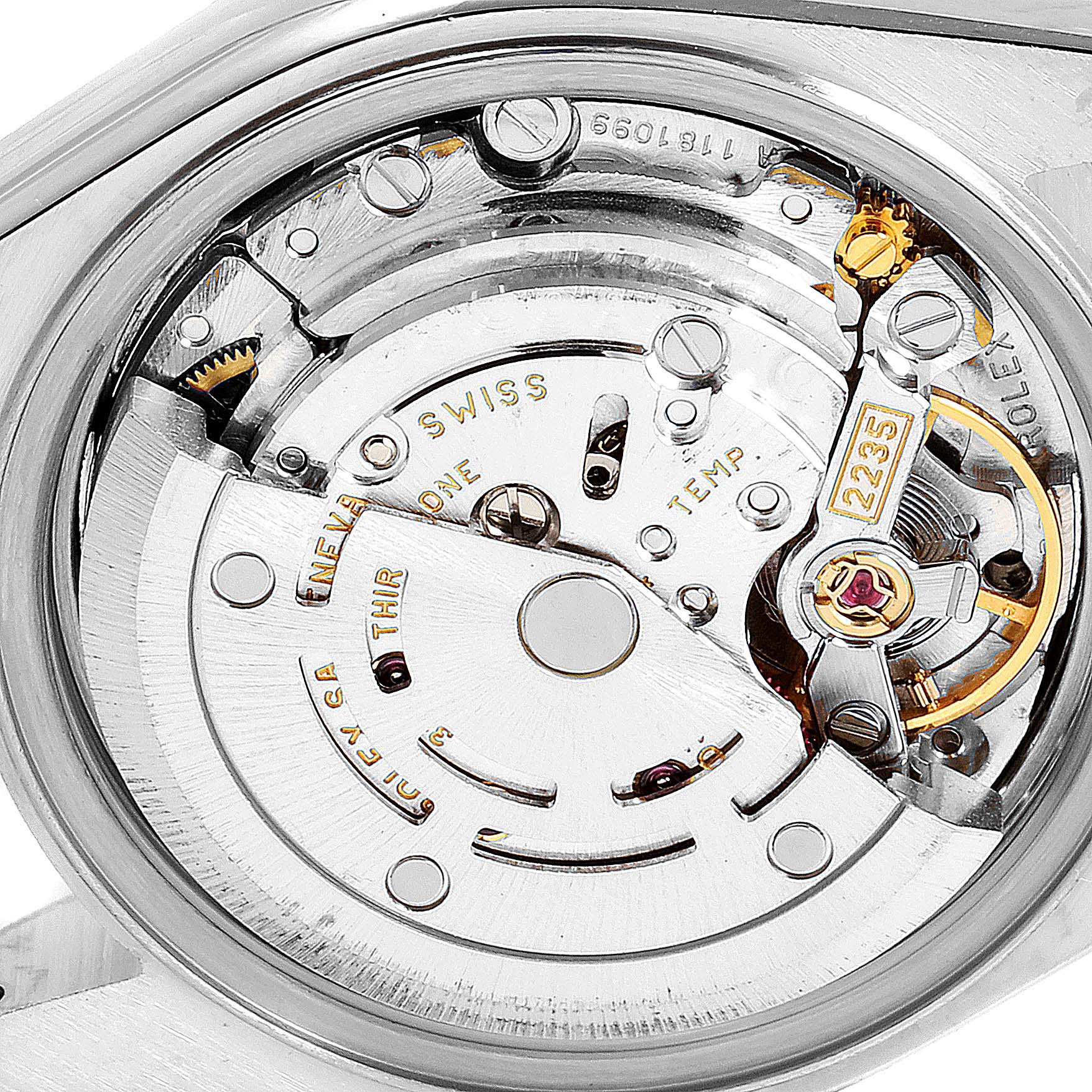 The image shows the internal movement components of a Rolex Datejust 79173 Women's Steel and Gold (two tone) White Dial 79173 Women's Steel and Gold (two tone) White Dial watch from a top-down angle, displaying its intricate mechanics.