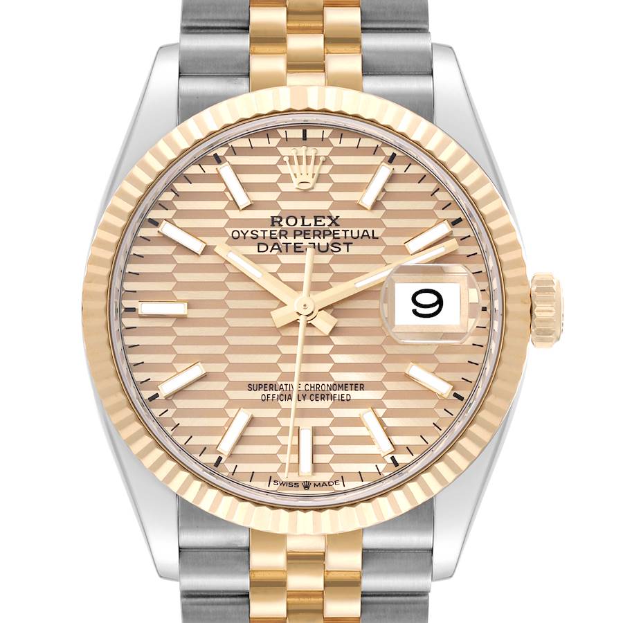 The Rolex Datejust is shown from the front, highlighting the dial, fluted bezel, and two-tone bracelet.