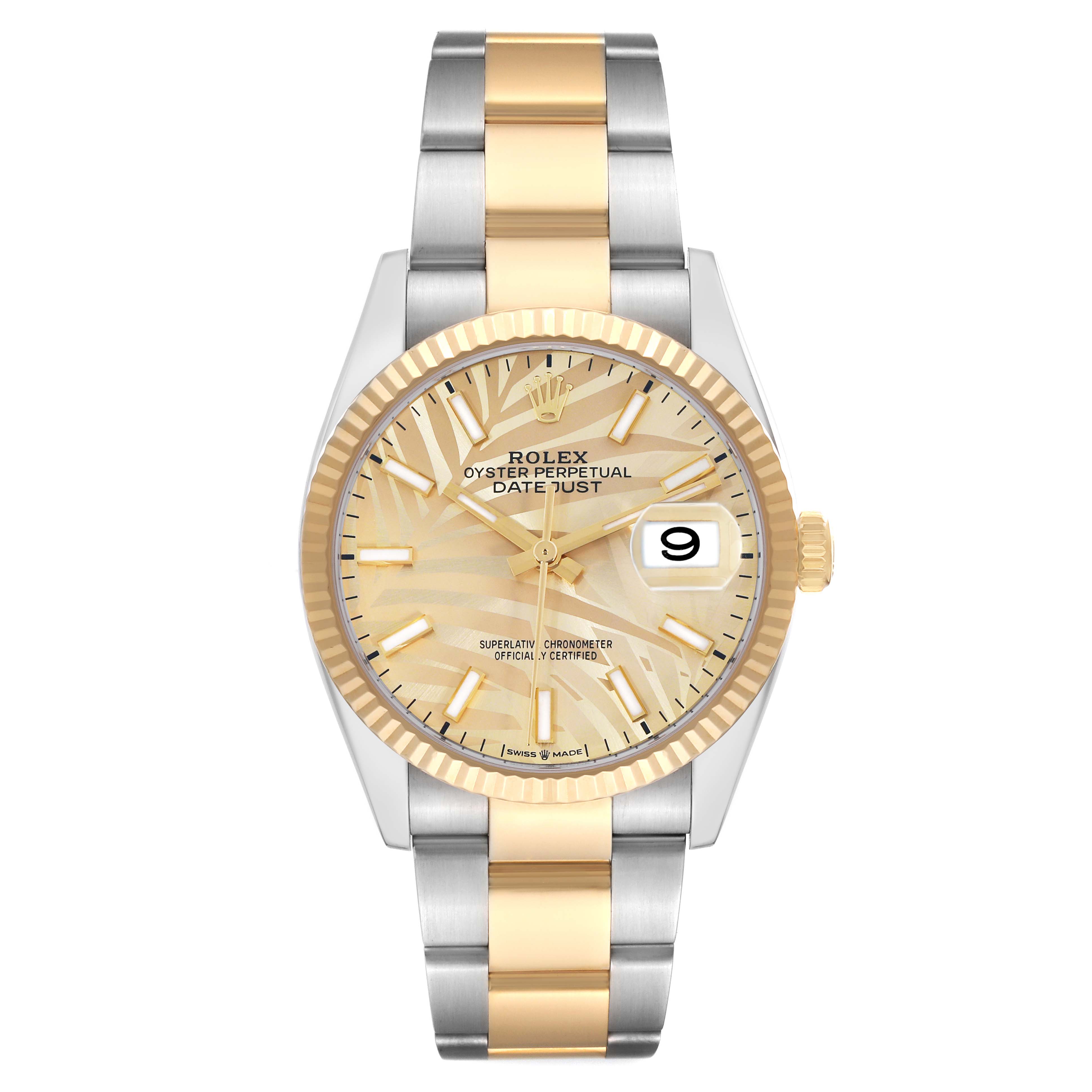 The Rolex Datejust 126233 Men
s Steel and Gold (two tone) Yellow Dial watch is shown from the front, displaying its two-tone bracelet, fluted bezel, and dial with date feature.
