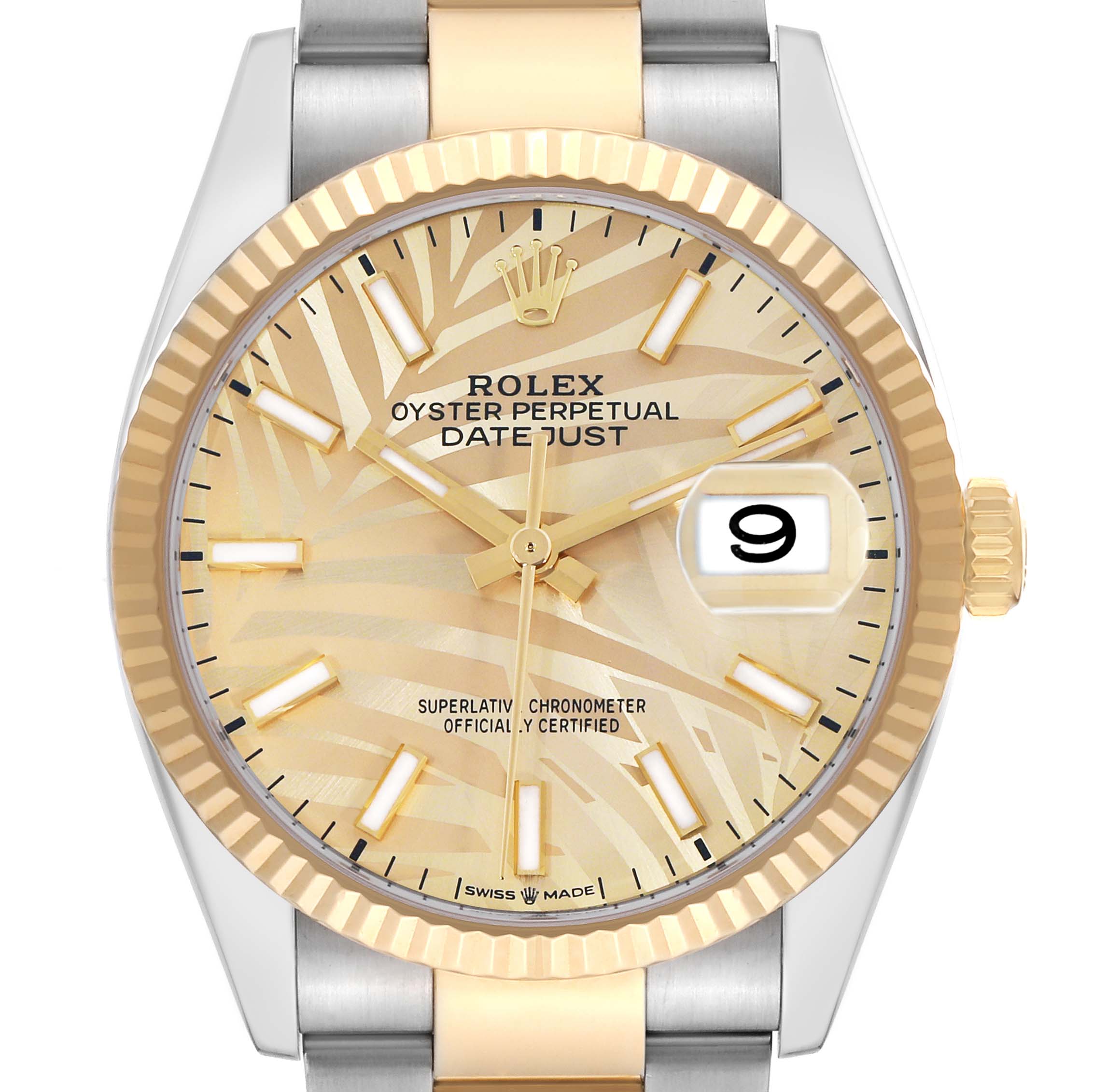 The Rolex Datejust 126233 Men
s Steel and Gold (two tone) Yellow Dial watch is shown from a front angle, featuring the dial, bezel, crown, and part of the bracelet.