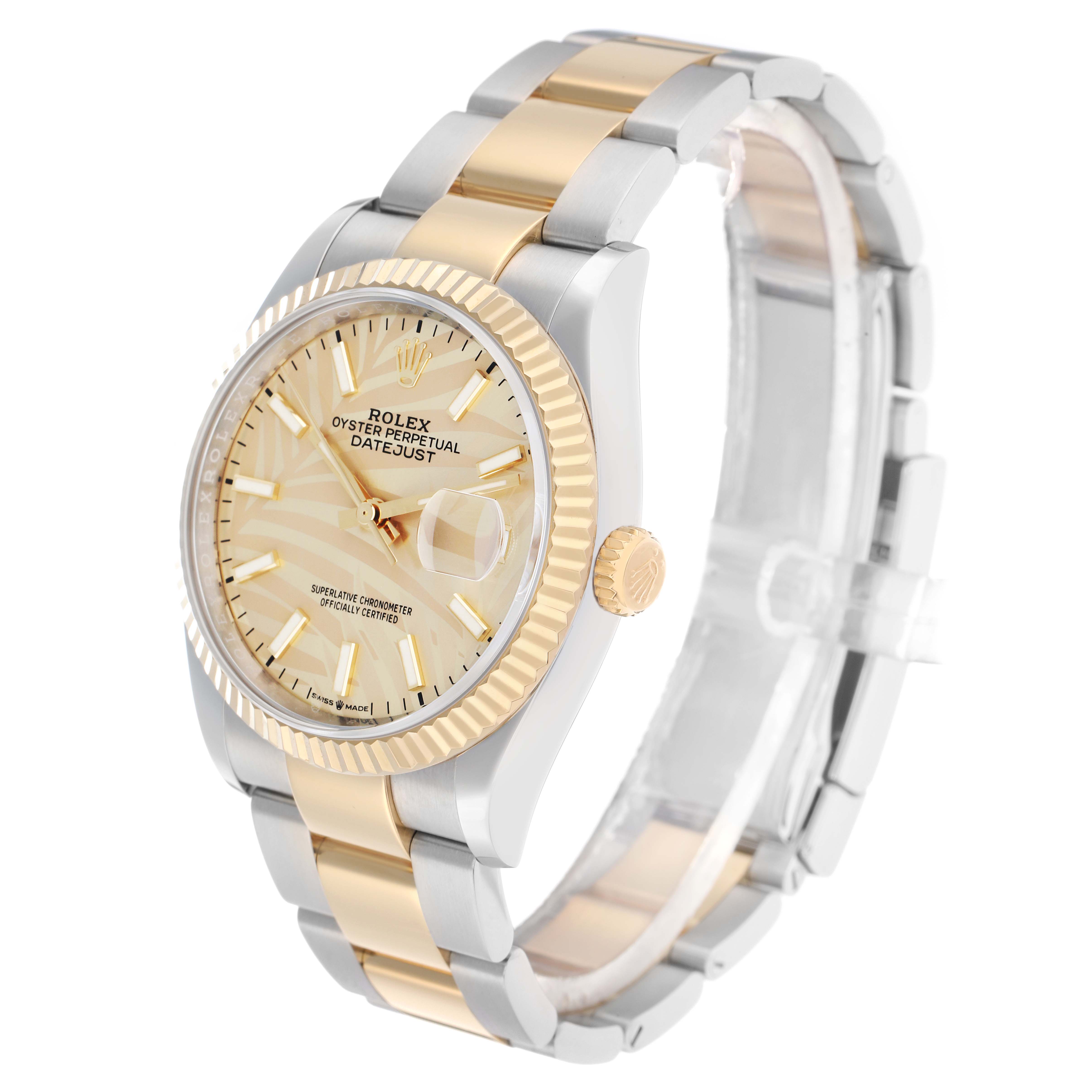 The Rolex Datejust 126233 Men
s Steel and Gold (two tone) Yellow Dial watch is shown at a three-quarter angle, displaying the face, bezel, crown, and two-tone bracelet.