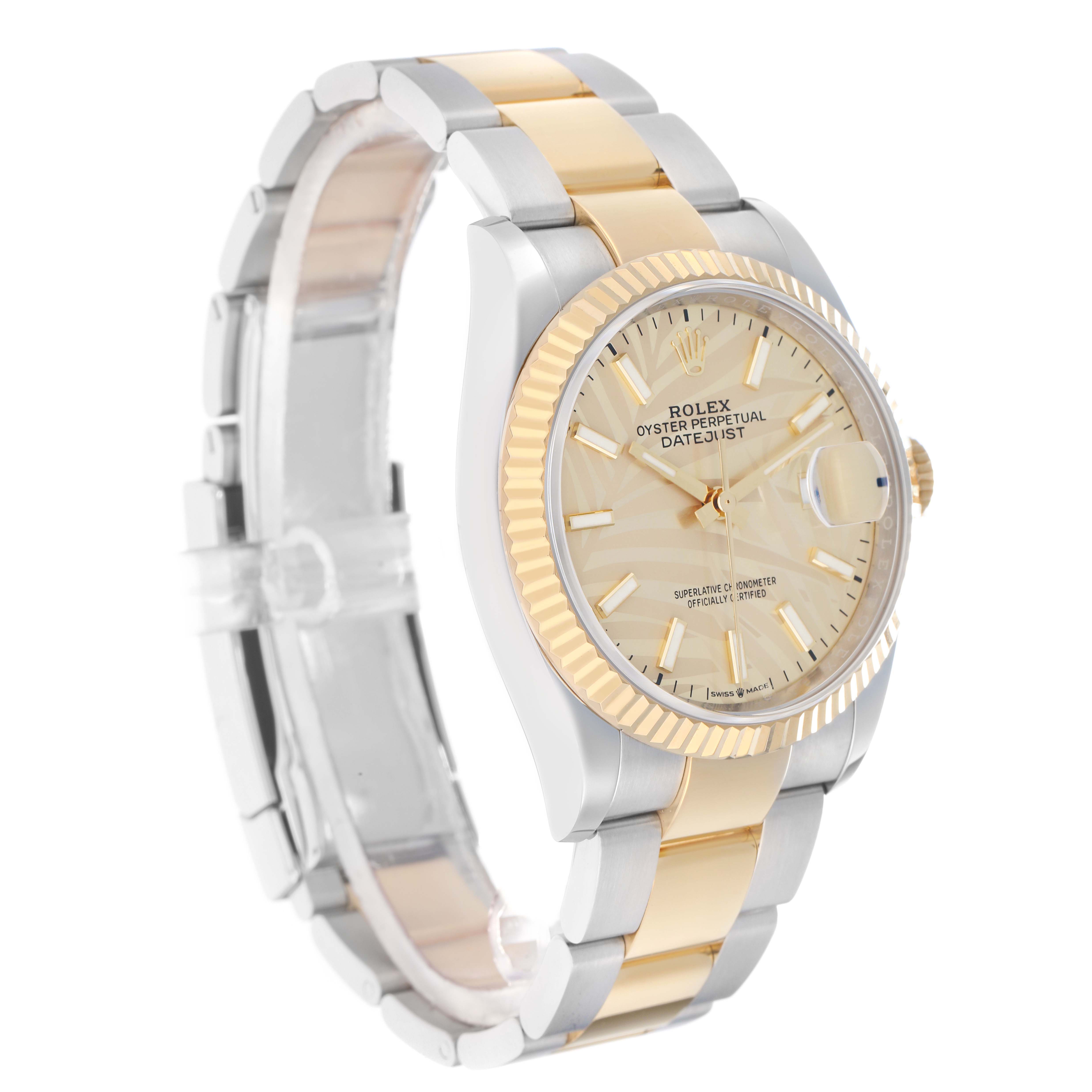 The Rolex Datejust 126233 Men
s Steel and Gold (two tone) Yellow Dial watch is shown from a three-quarter angle, highlighting the face, bezel, case, and two-tone bracelet.