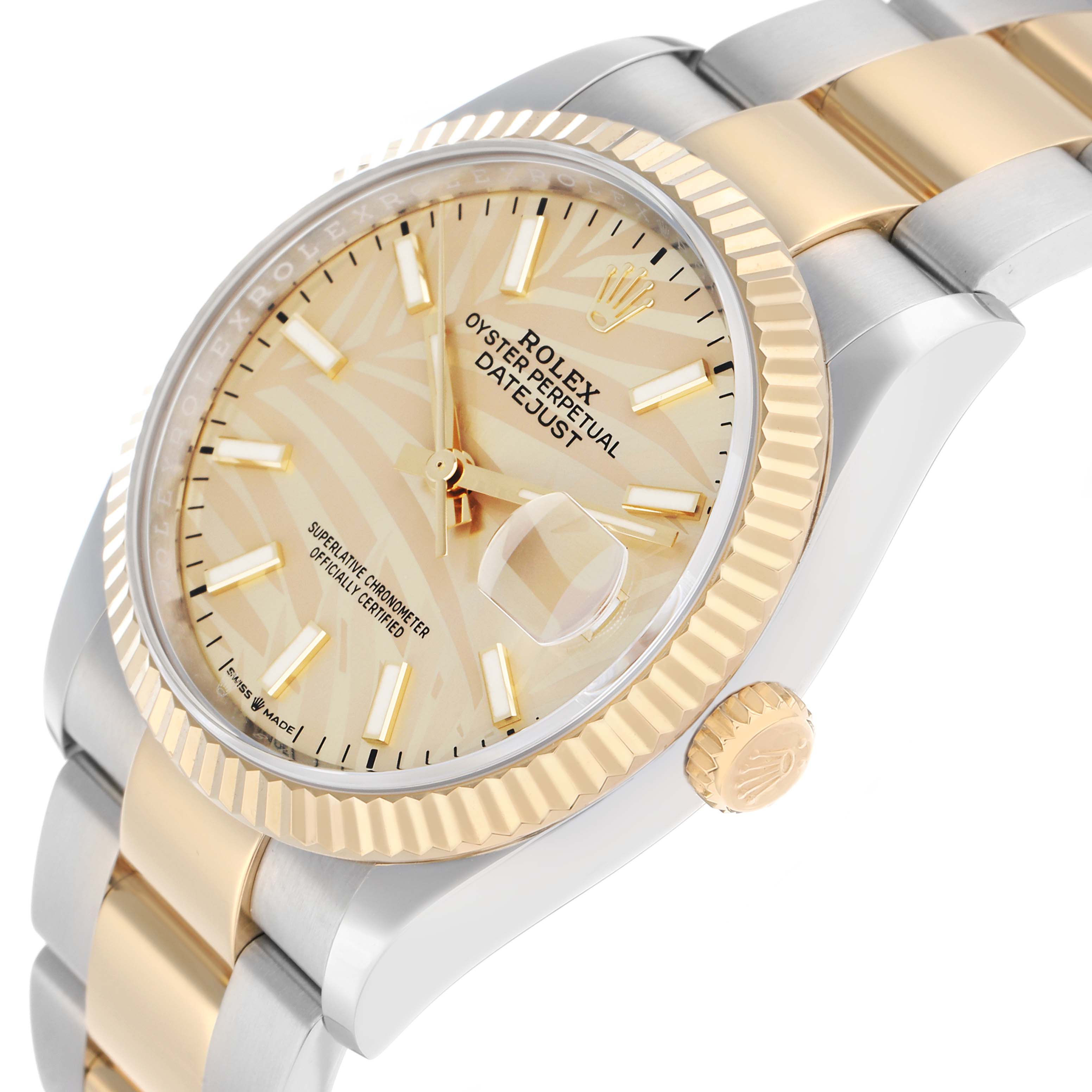The Rolex Datejust 126233 Men
s Steel and Gold (two tone) Yellow Dial watch is shown at an angled close-up, highlighting the dial, fluted bezel, crown, and two-tone bracelet.