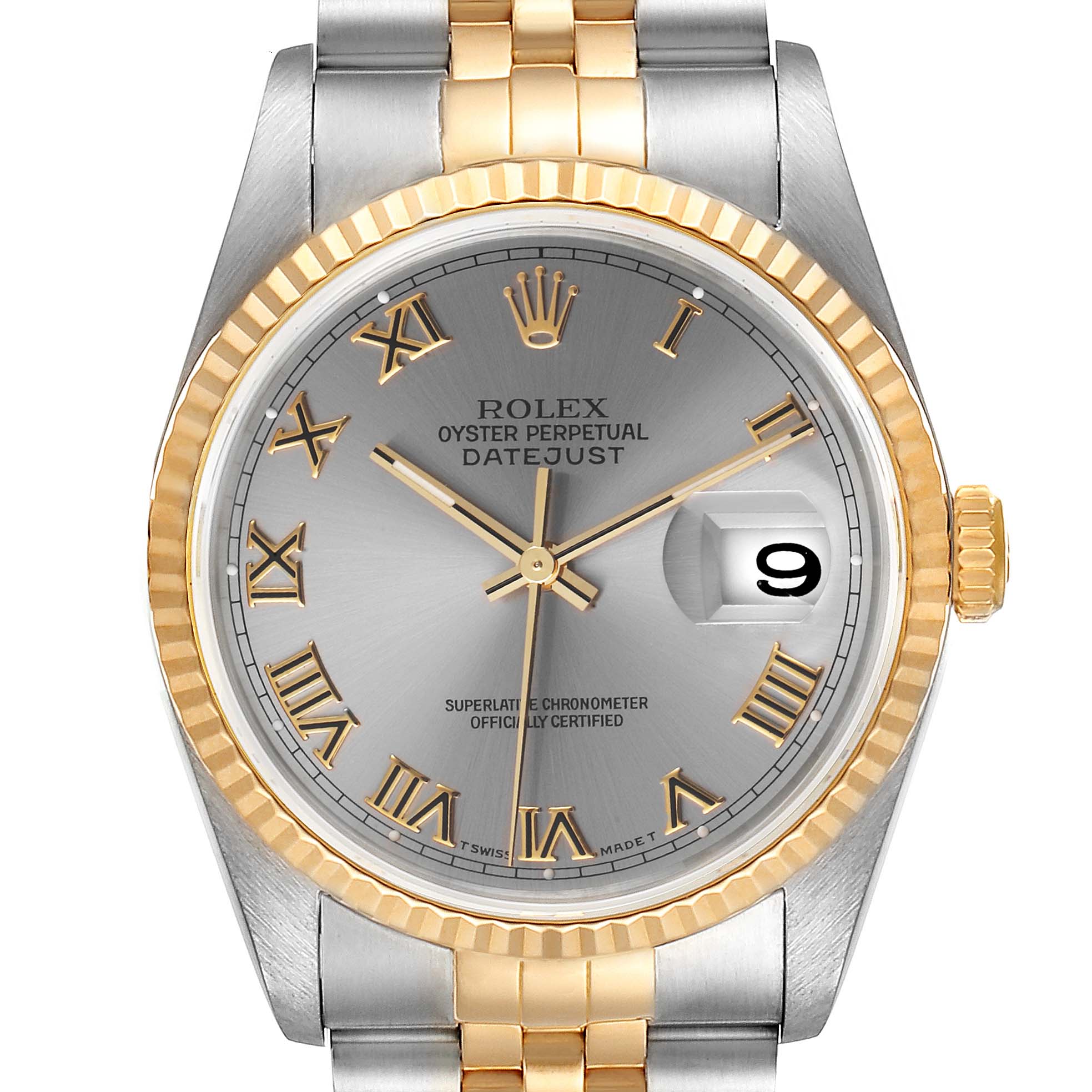 The image shows a Rolex Datejust 16233 Men
s Steel and Gold (two tone) Grey Dial 16233 Men
s Steel and Gold (two tone) Grey Dial watch from a frontal angle, highlighting its face, bezel, crown, and part of the bracelet.