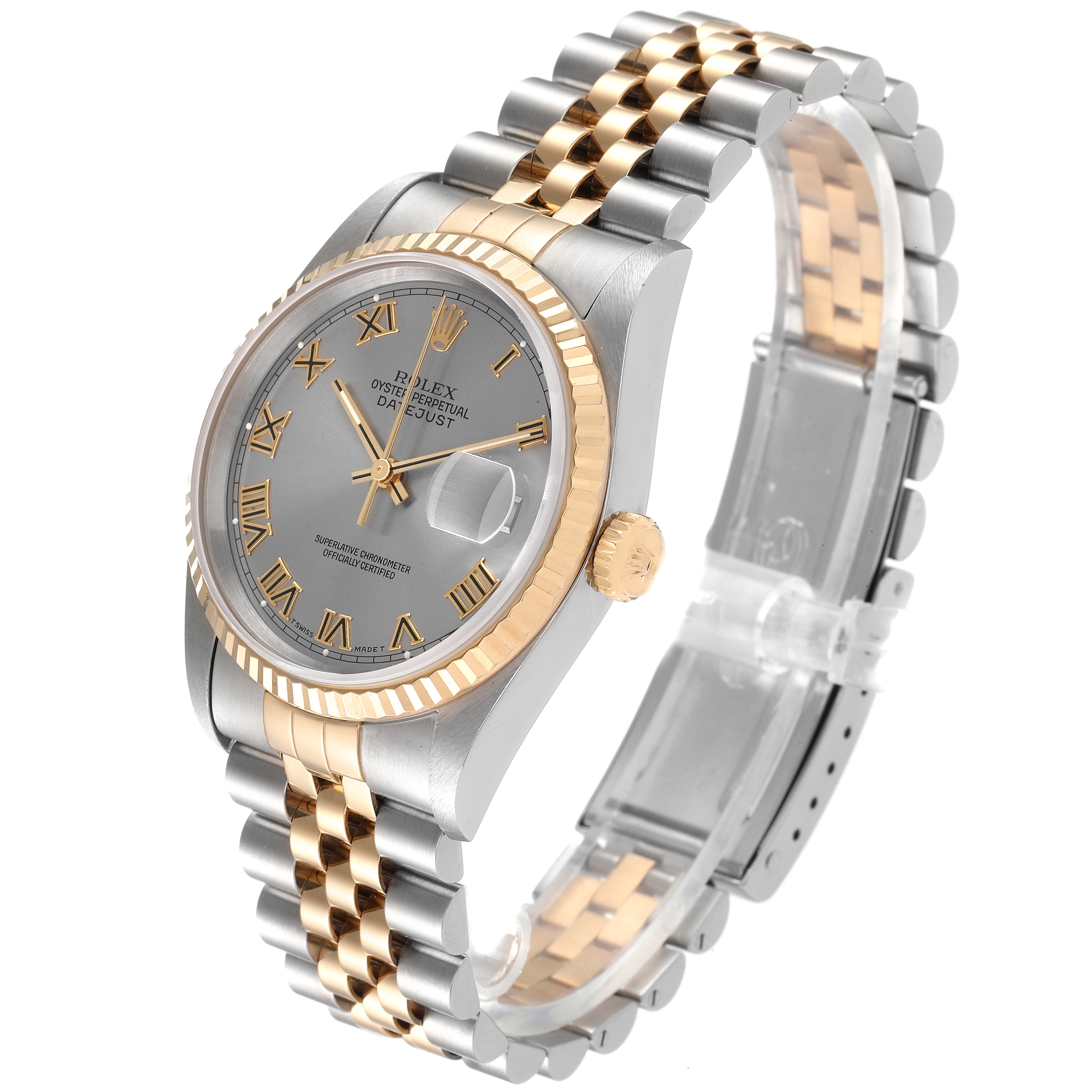 This image shows a side and top view of a Rolex Datejust 16233 Men
s Steel and Gold (two tone) Grey Dial 16233 Men
s Steel and Gold (two tone) Grey Dial watch, highlighting the dial, jubilee bracelet, and fluted bezel.