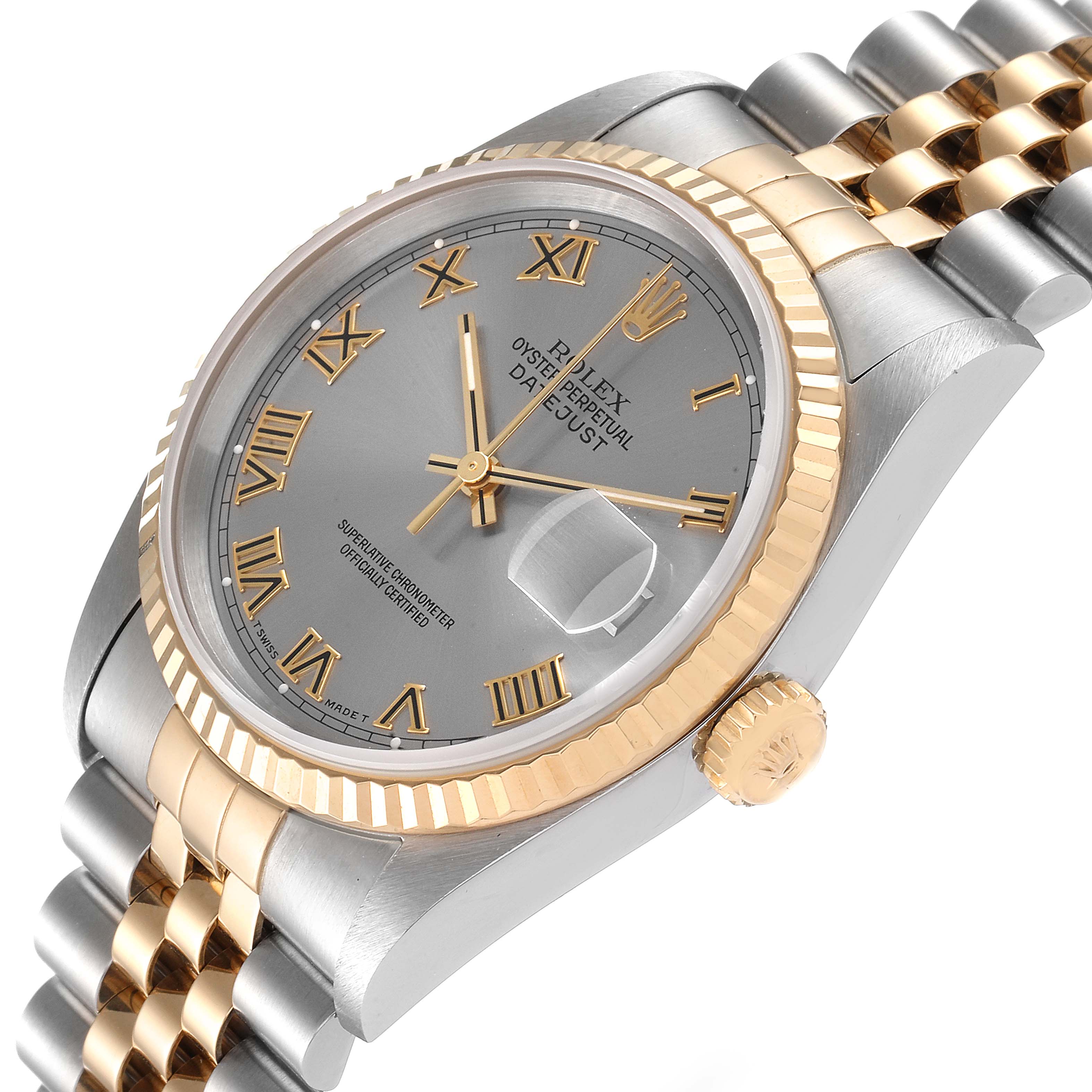 This image shows a close-up view of a Rolex Datejust 16233 Men
s Steel and Gold (two tone) Grey Dial 16233 Men
s Steel and Gold (two tone) Grey Dial watch, highlighting the dial, bezel, crown, and part of the bracelet.