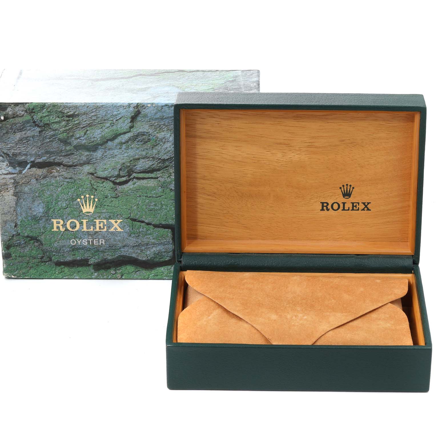 The image shows an open box with "Rolex" branding designed for the Rolex Datejust 16233 Men
s Steel and Gold (two tone) Grey Dial 16233 Men
s Steel and Gold (two tone) Grey Dial model, including its protective outer packaging.