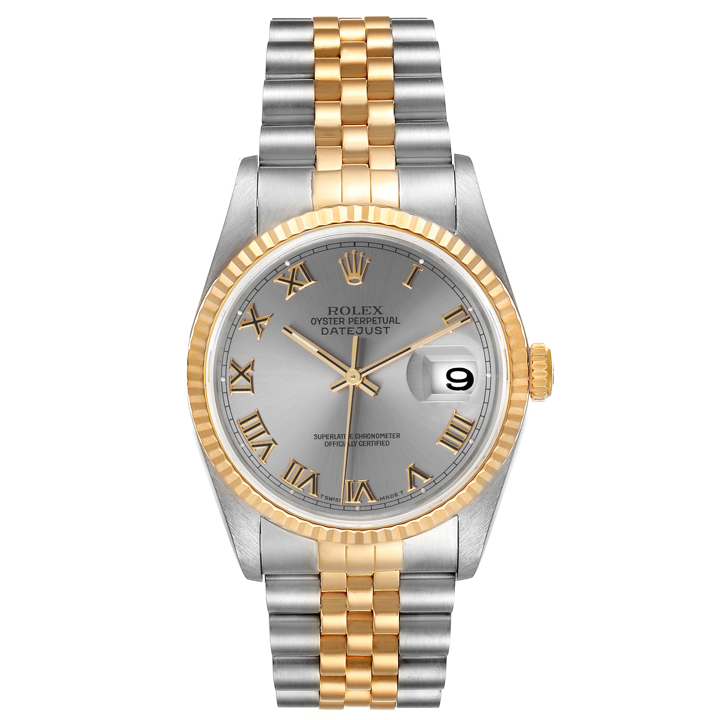 This image shows a front view of the Rolex Datejust 16233 Men
s Steel and Gold (two tone) Grey Dial 16233 Men
s Steel and Gold (two tone) Grey Dial watch, highlighting its two-tone Jubilee bracelet and fluted bezel.