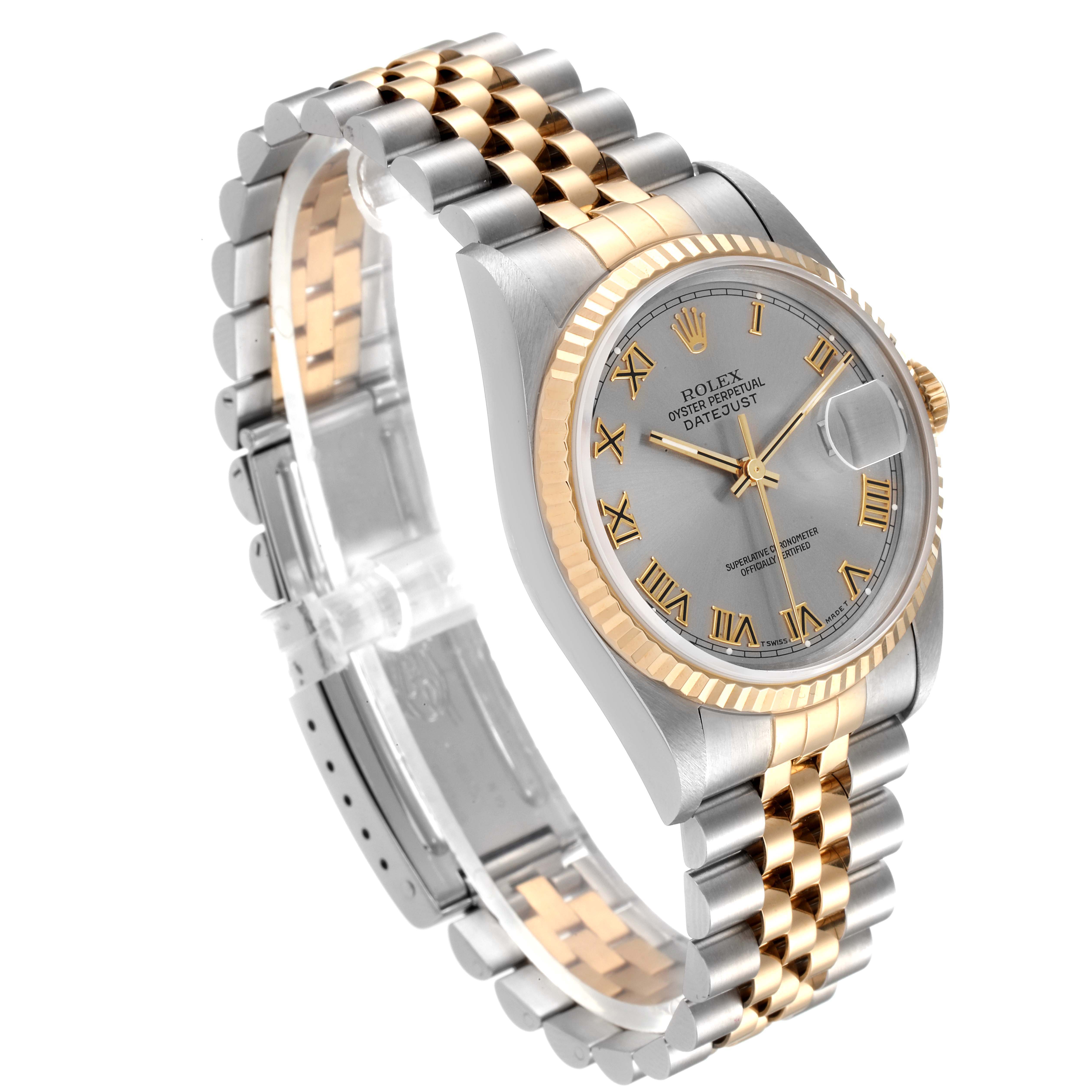 The image shows a Rolex Datejust 16233 Men
s Steel and Gold (two tone) Grey Dial 16233 Men
s Steel and Gold (two tone) Grey Dial watch at a three-quarter angle, highlighting the two-tone bracelet, fluted bezel, and dial.