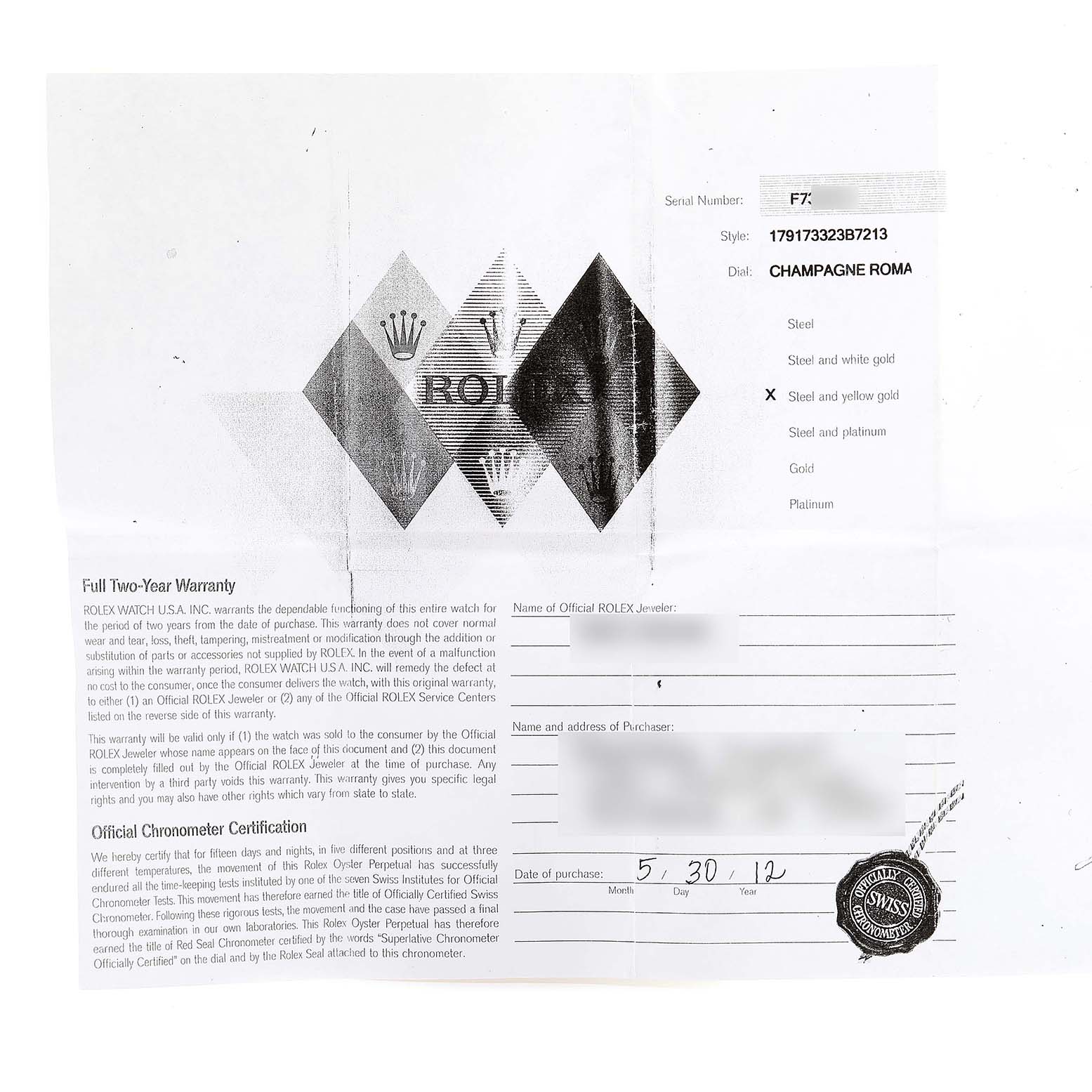 The image shows the warranty card for a Rolex Datejust 179173 Women's Steel and Gold (two tone) Champagne Dial 179173 Women's Steel and Gold (two tone) Champagne Dial watch, including the model's serial number, style, and dial information.