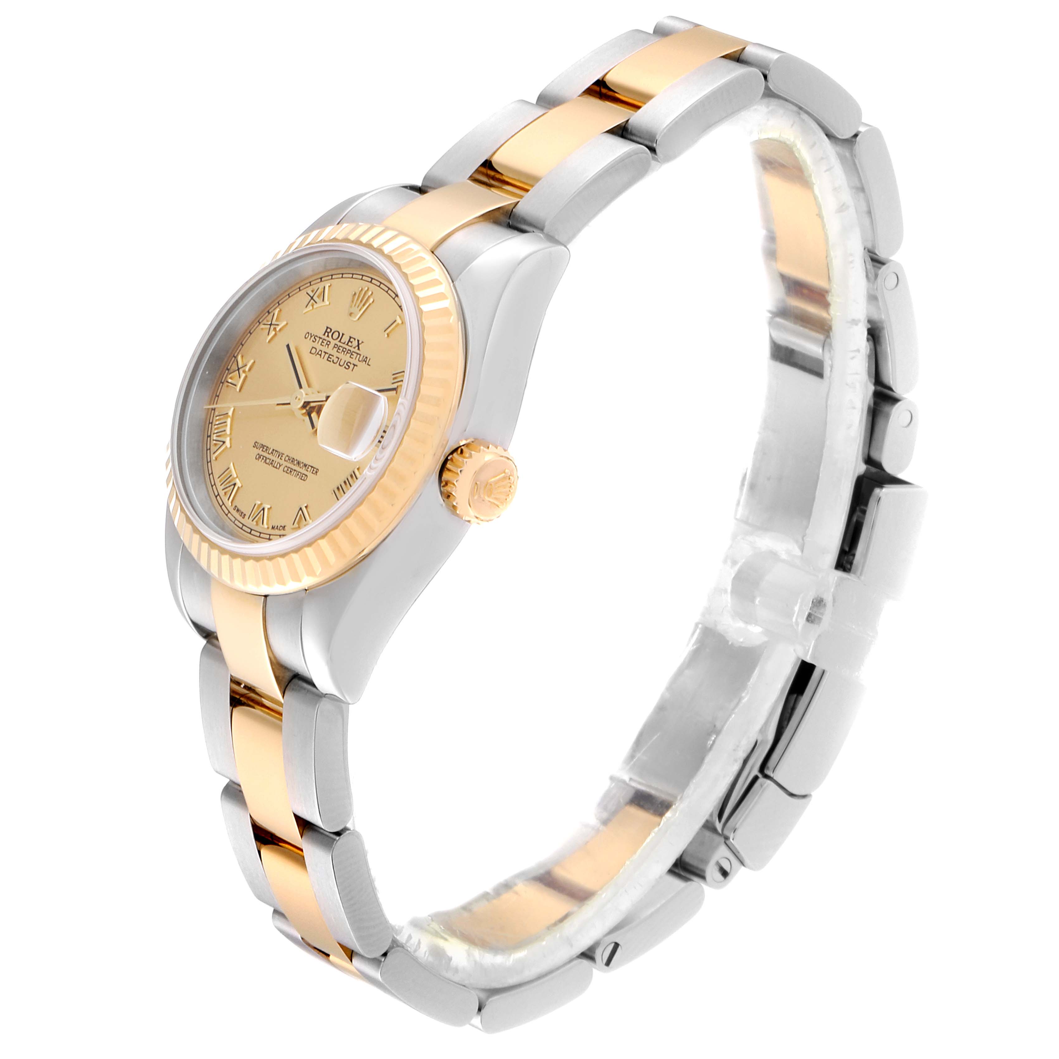The image shows a side profile view of a Rolex Datejust 179173 Women's Steel and Gold (two tone) Champagne Dial 179173 Women's Steel and Gold (two tone) Champagne Dial watch, highlighting the band, crown, and watch face.