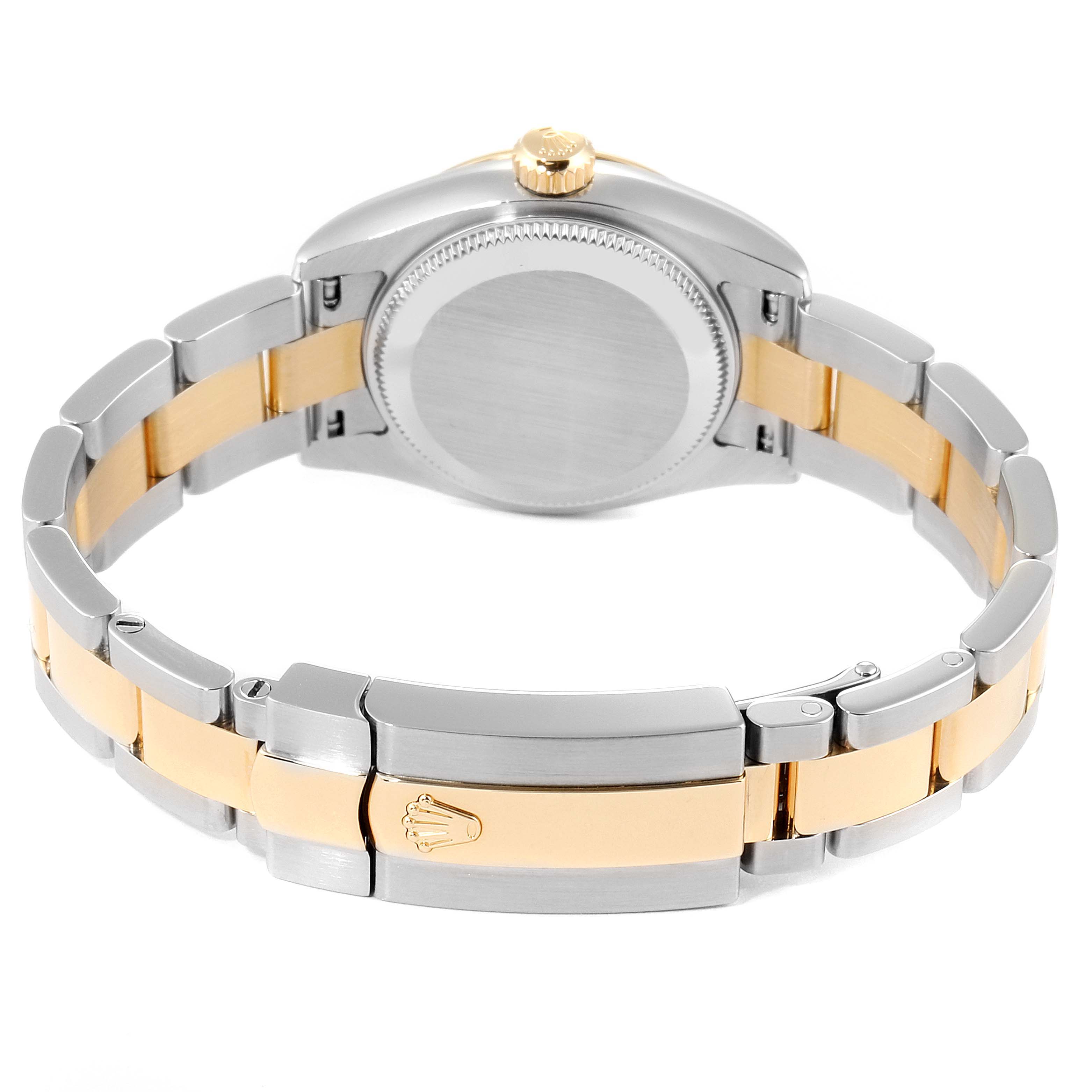 The image shows the back case and clasp of a Rolex Datejust 179173 Women's Steel and Gold (two tone) Champagne Dial 179173 Women's Steel and Gold (two tone) Champagne Dial watch in a two-tone metal finish.